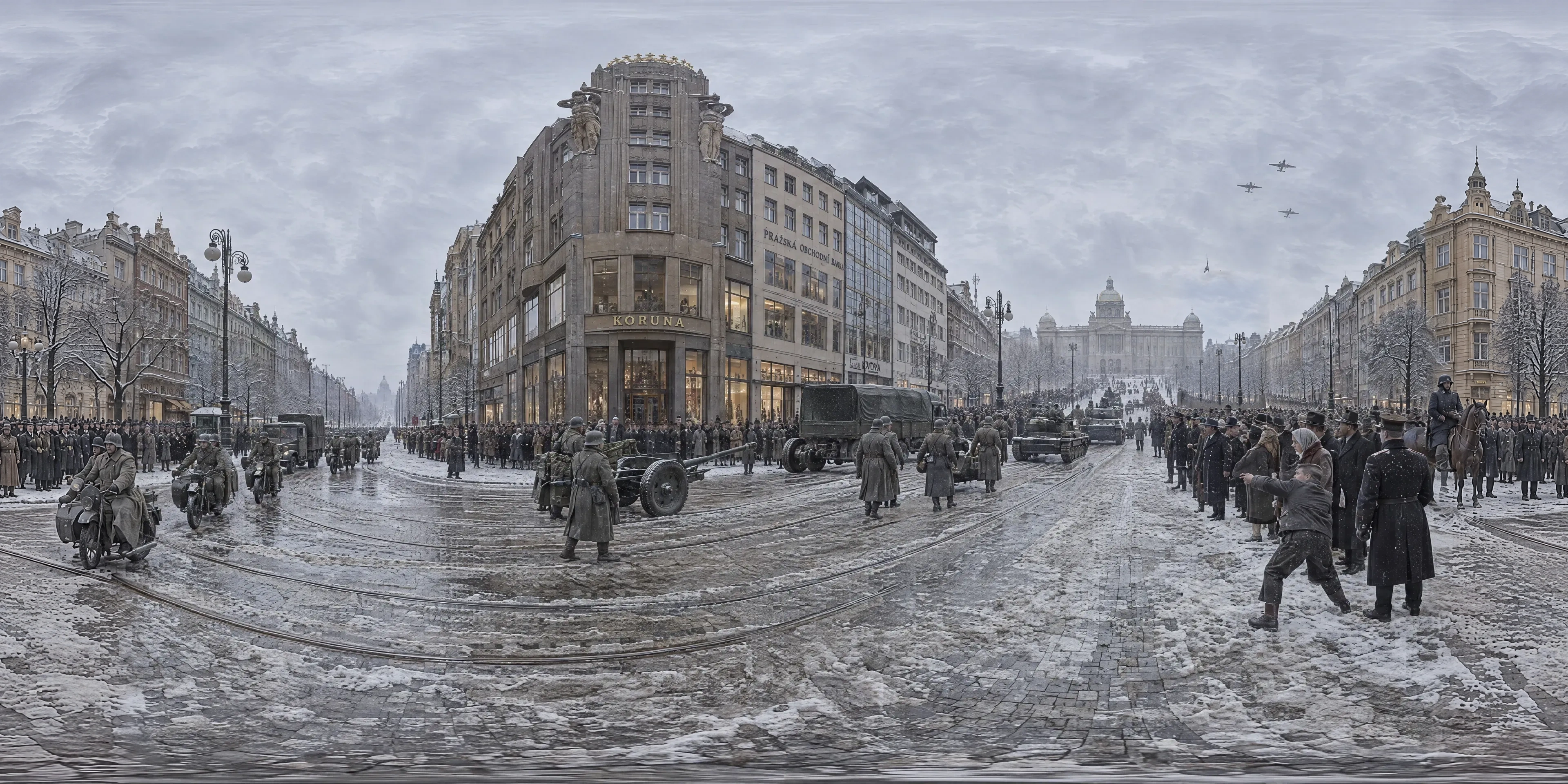 Panoramic scene depicting Lower Wenceslas Square, Prague (1939), Foot of Wenceslas Square beside the Koruna Palace, Prague.