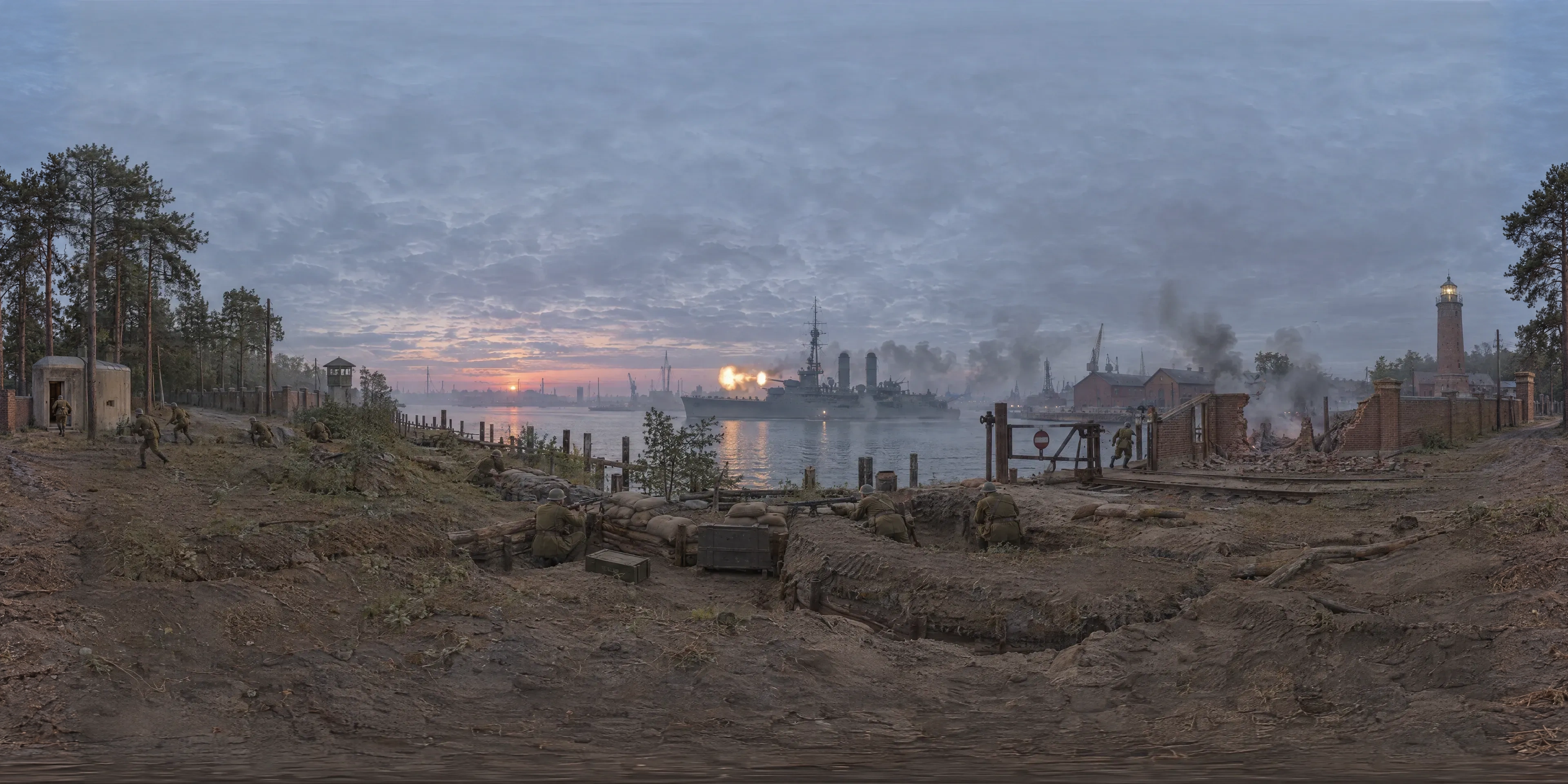 Panoramic scene depicting Westerplatte, Gdańsk (1939), Harbour-channel bank of the Polish Military Transit Depot on Westerplatte, Gdańsk.