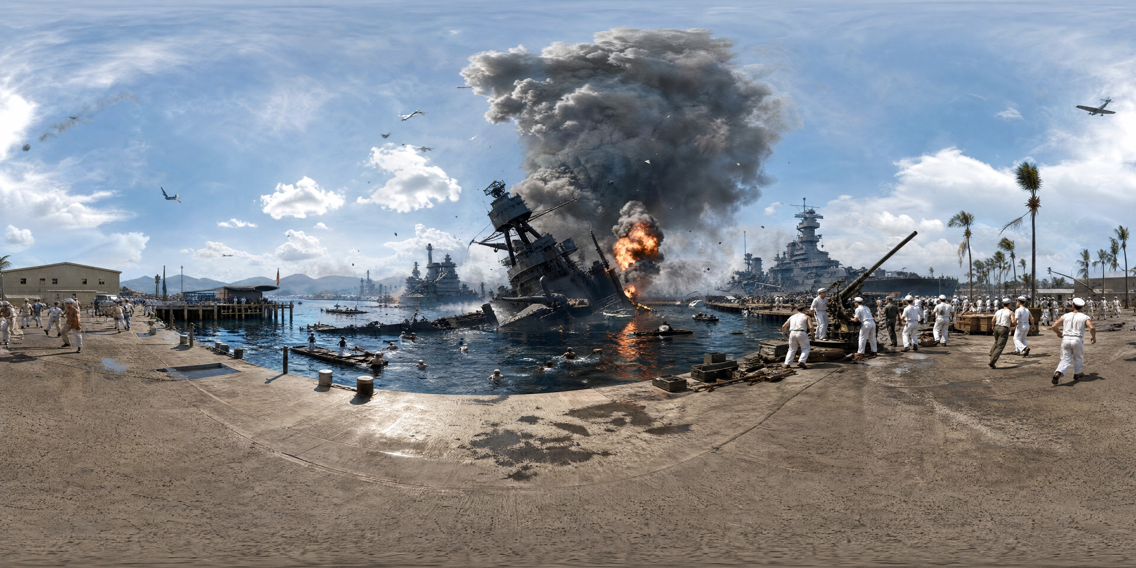 Panoramic scene depicting Battleship Row, Pearl Harbor (1941), Battleship Row, Pearl Harbor.