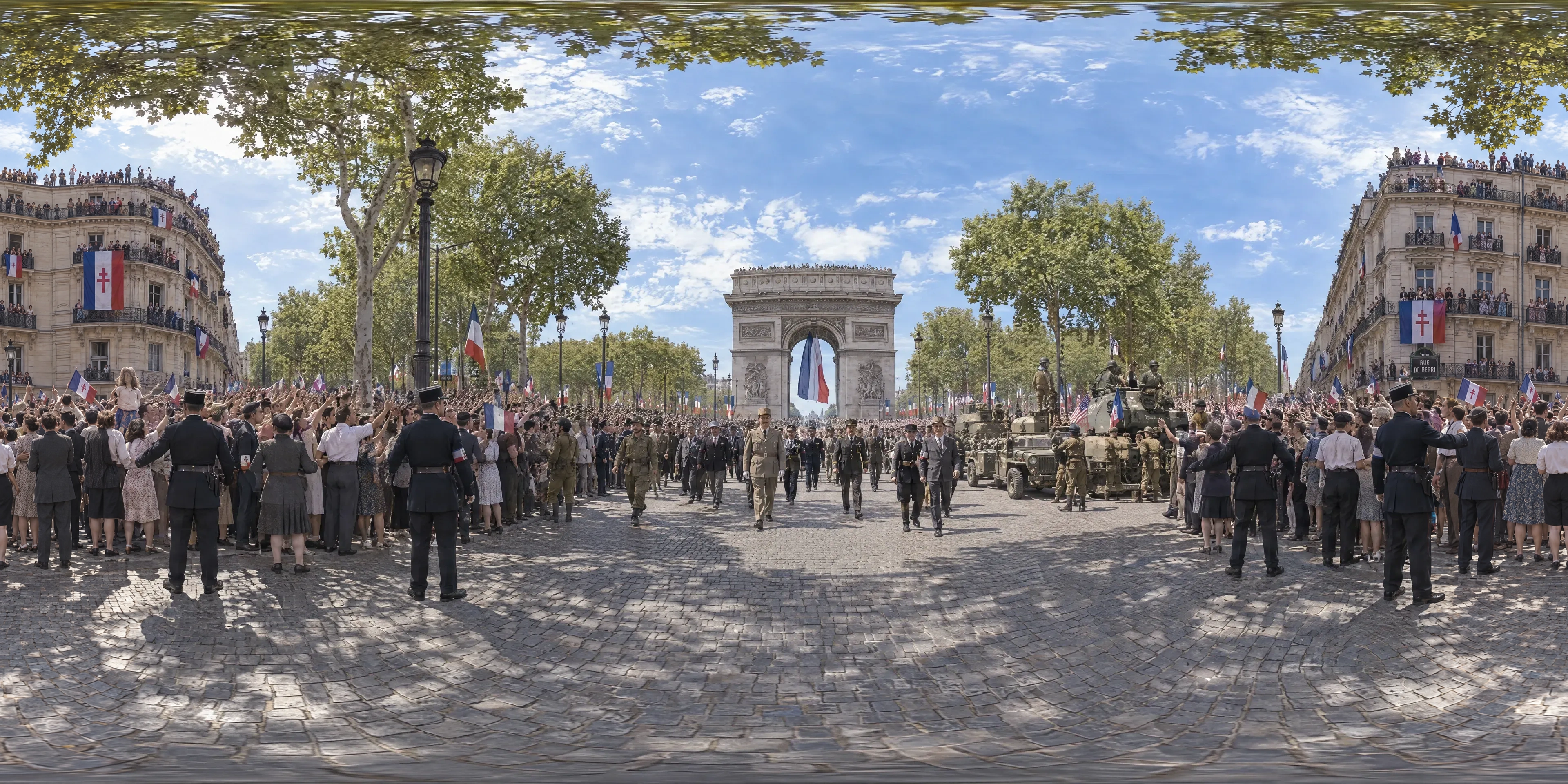 Panoramic scene depicting Champs-Élysées, Paris (1944), Avenue des Champs-Élysées near the corner of rue de Berri, looking up to the Arc de Triomphe, Paris.