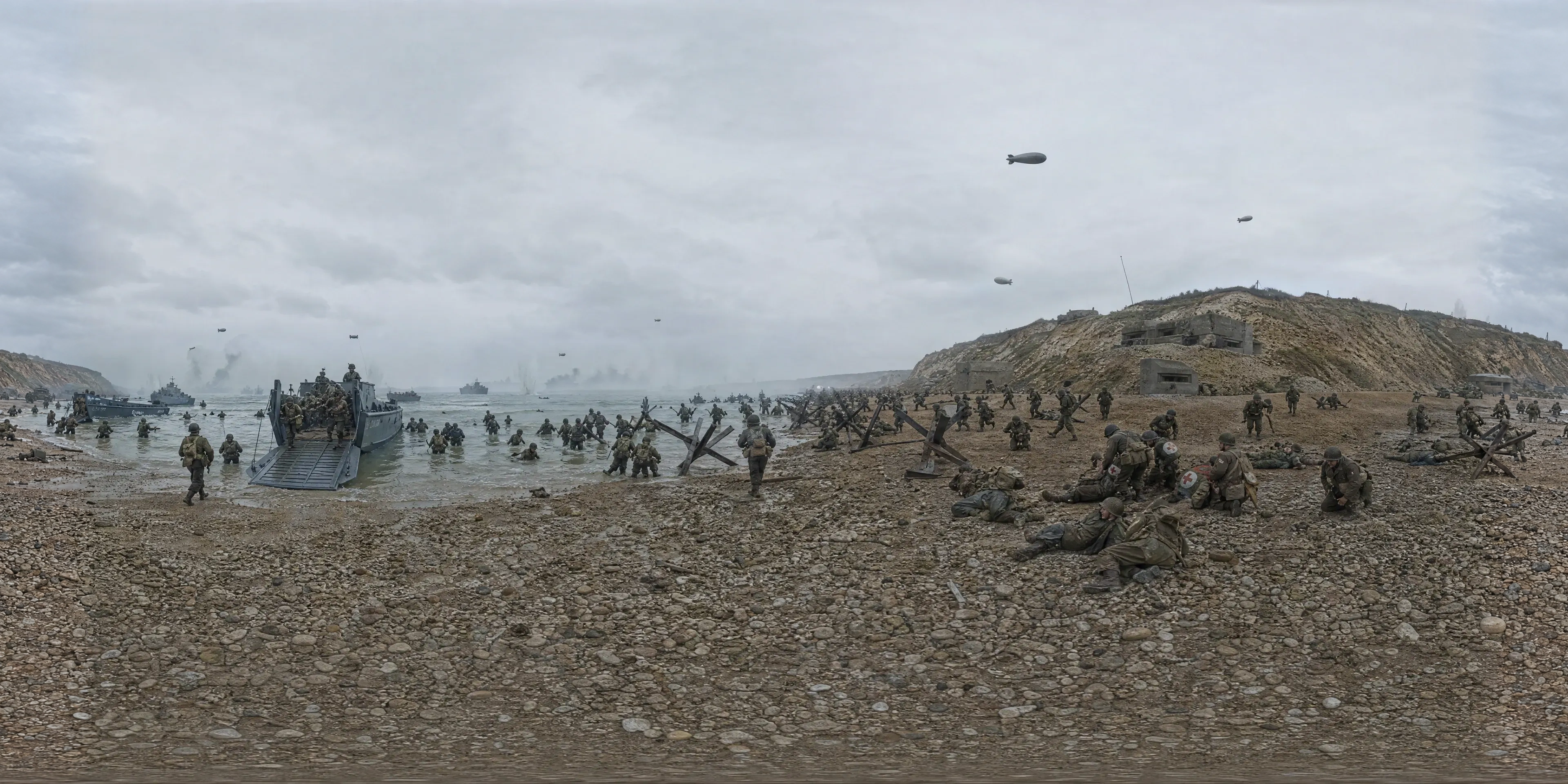 Panoramic scene depicting Omaha Beach, Normandy (1944), Omaha Beach, Normandy.