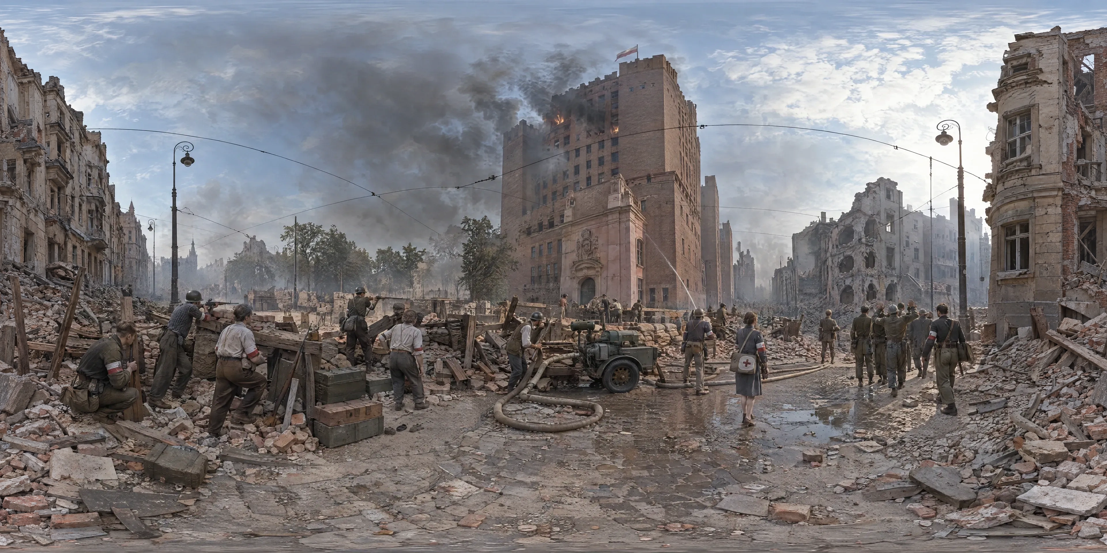 Panoramic scene depicting PAST Building, Warsaw (1944), Insurgent barricade in Zielna Street opposite the PAST telephone exchange tower, Warsaw.