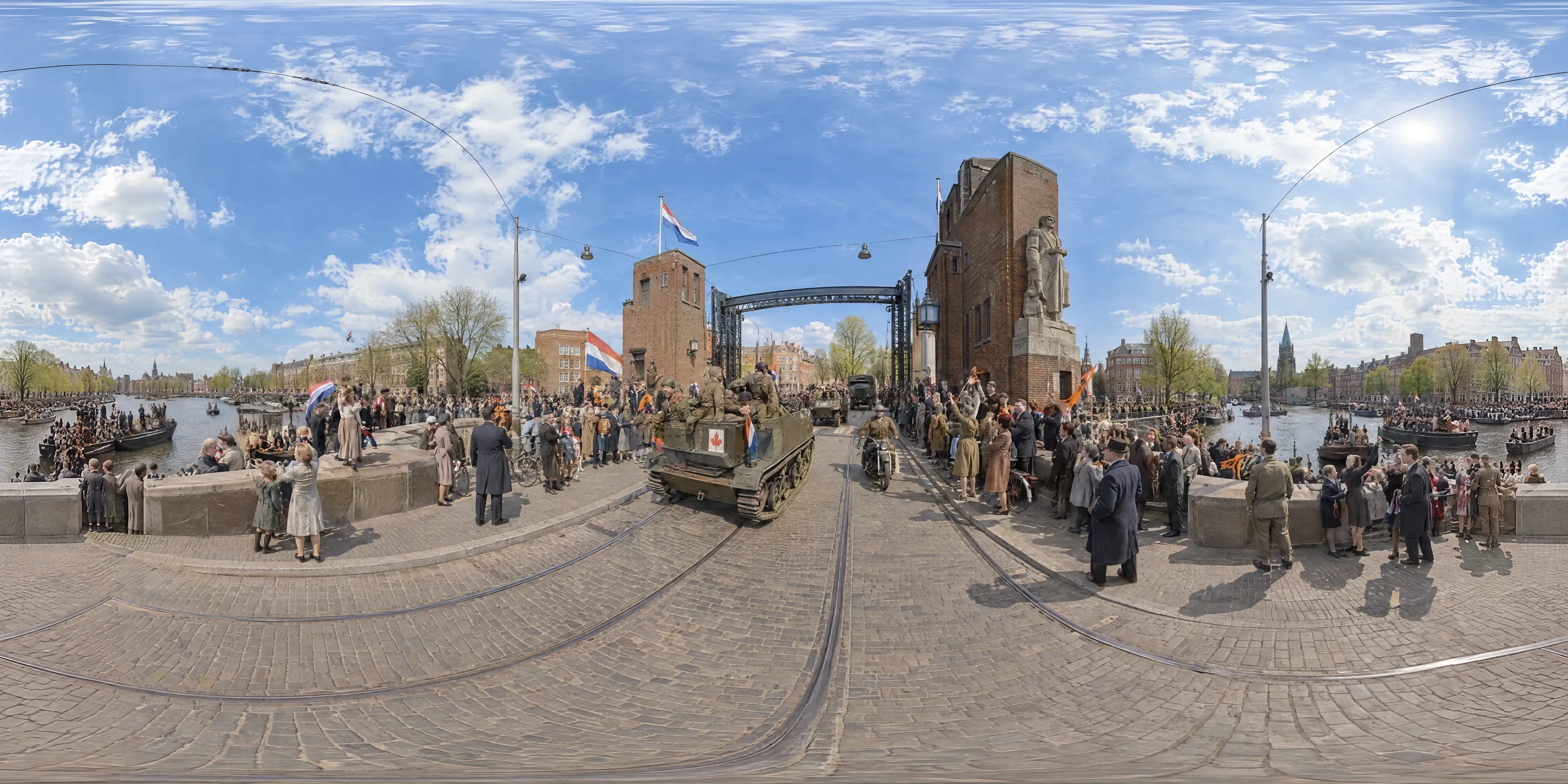 Panoramic scene depicting Berlage Bridge, Amsterdam (1945), West end of the Berlagebrug over the Amstel, where the Canadian columns entered Amsterdam.