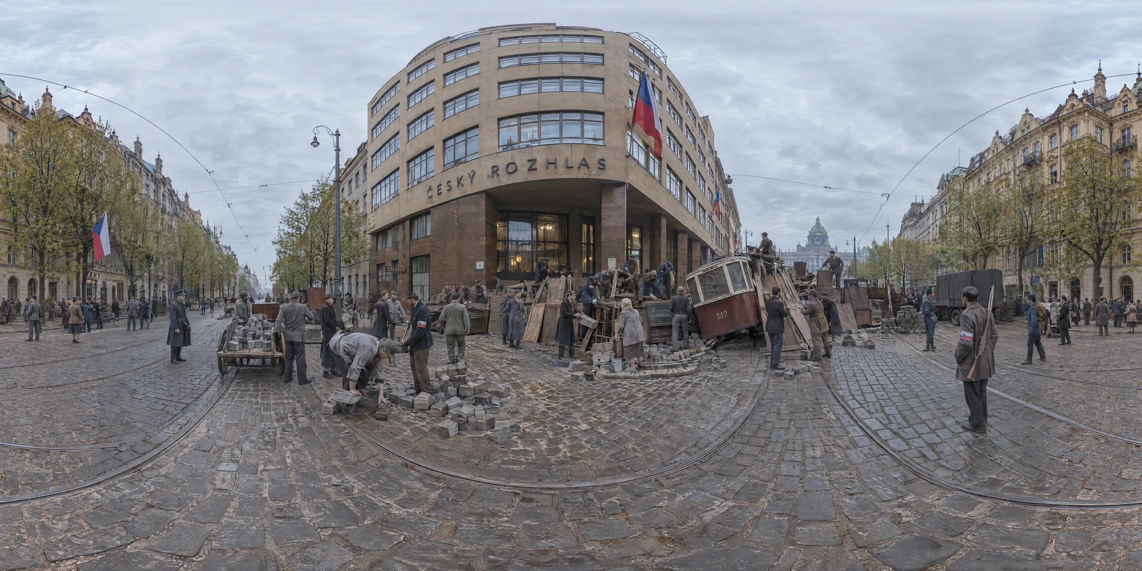 Panoramic scene depicting Czech Radio Building, Vinohradská, Prague (1945), Vinohradská avenue (then Schwerinova) in front of the radio building, Vinohrady, Prague.