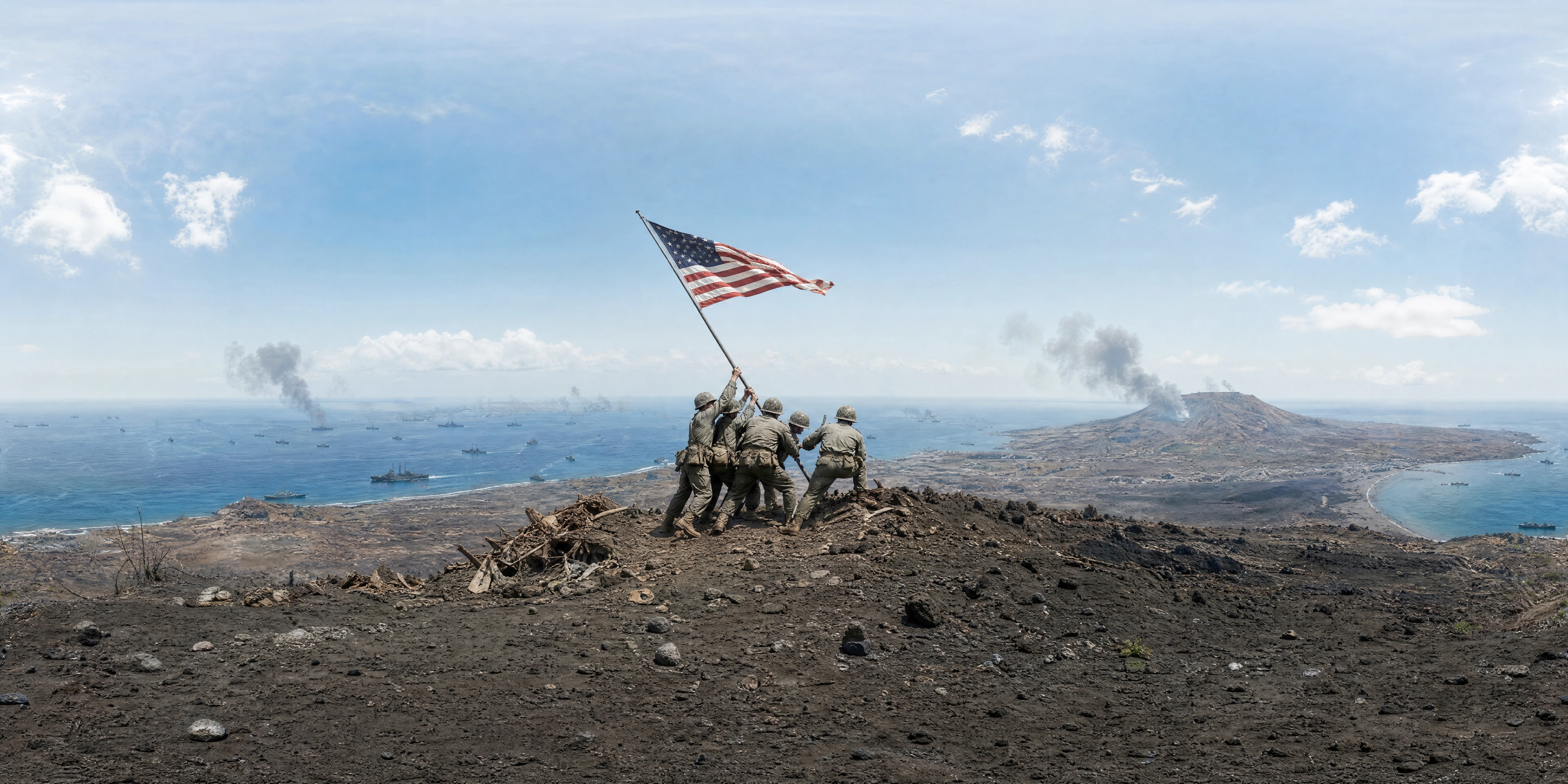 Panoramic scene depicting Mt. Suribachi, Iwo Jima (1945), Mt. Suribachi, Iwo Jima.