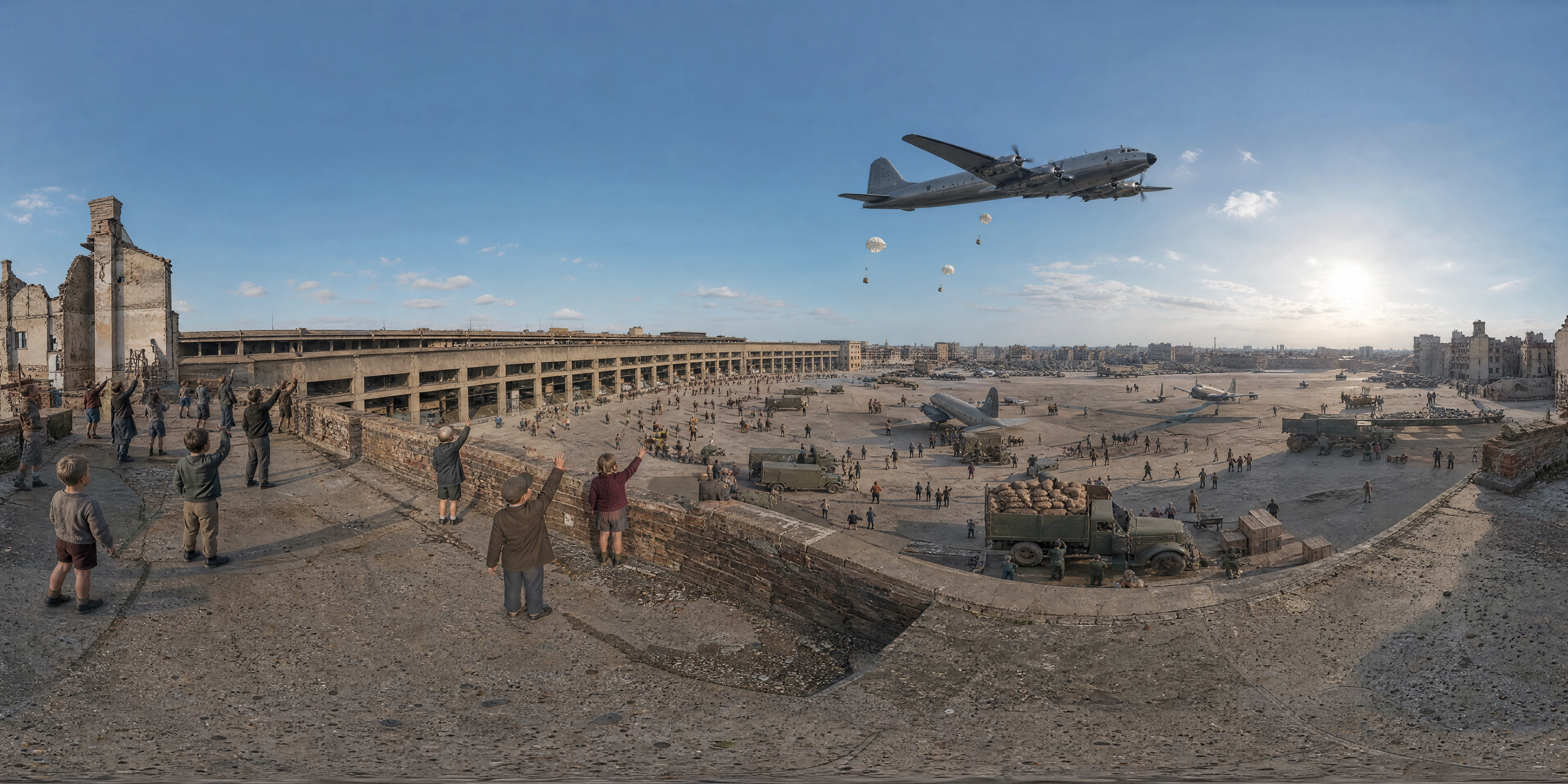 Panoramic scene depicting Tempelhof Airport, West Berlin (1948), Tempelhof Airport, West Berlin.