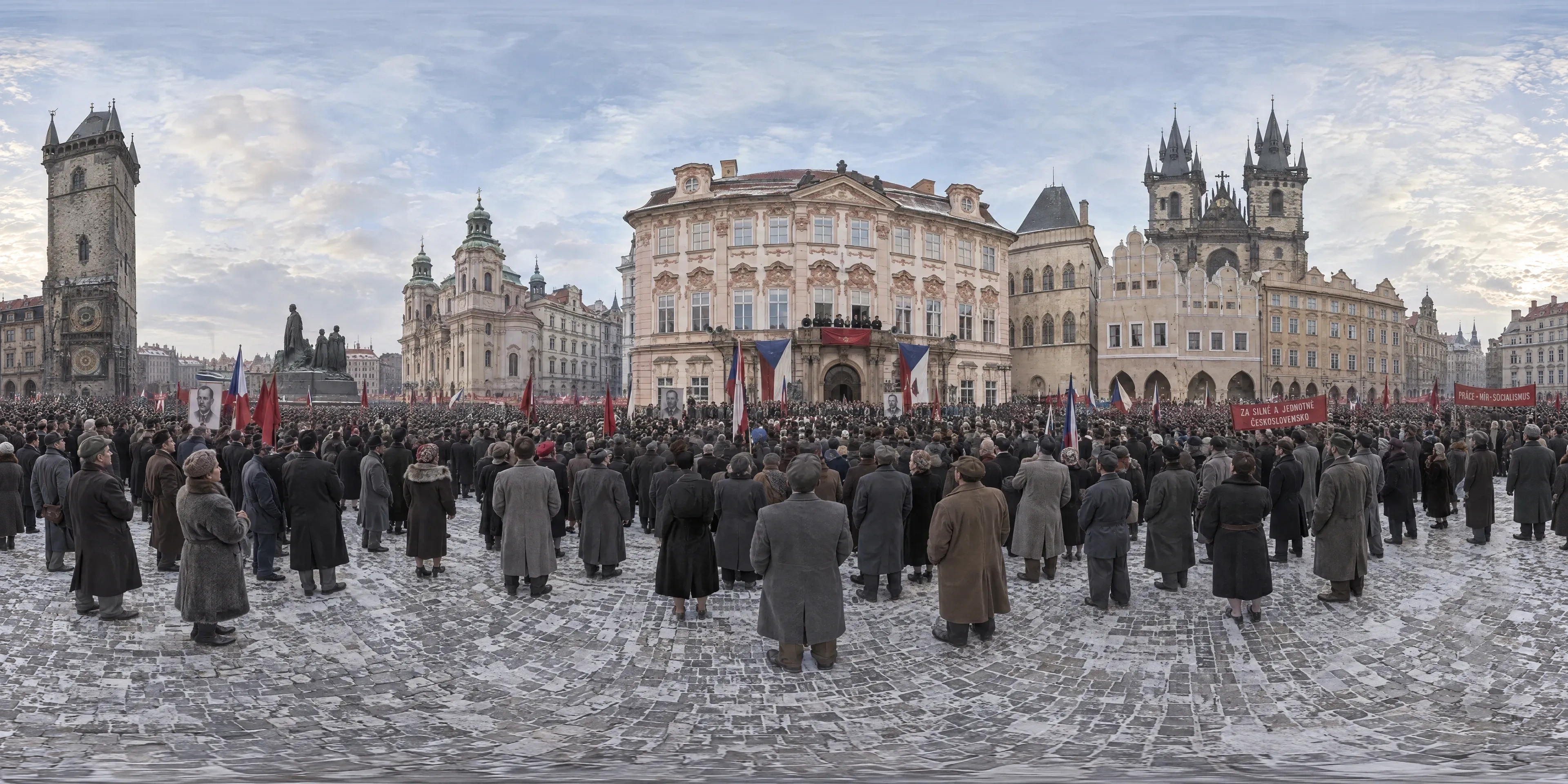 Panoramic scene depicting Kinsky Palace, Old Town Square, Prague (1948), Old Town Square facing the balcony of the Kinsky Palace, Prague.