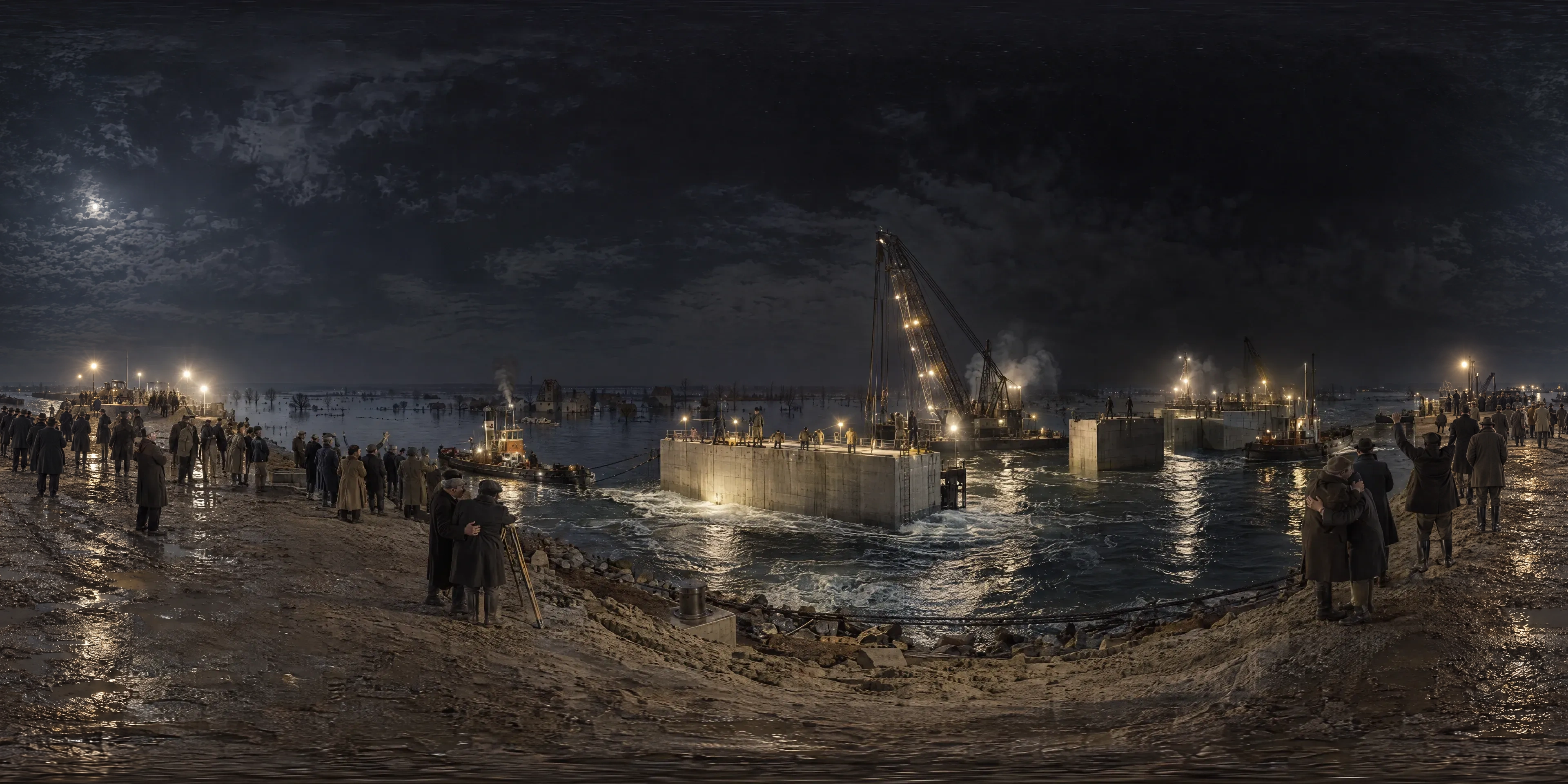 Panoramic scene depicting Dike Gap at Ouwerkerk (1953), Sea dike south of Ouwerkerk on Duiveland, at the last breach of the 1953 flood.