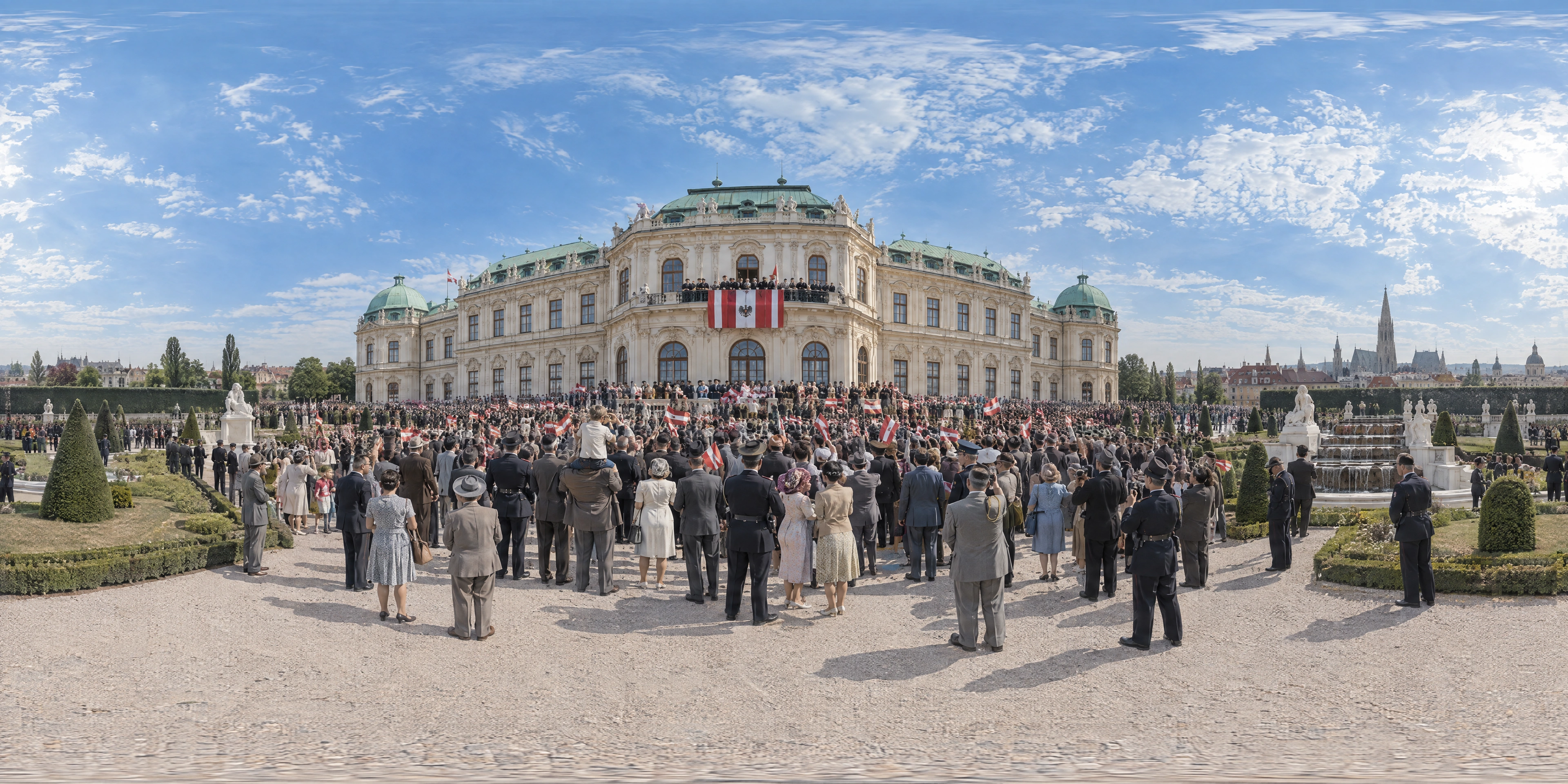 Panoramic scene depicting Upper Belvedere, Vienna (1955), Garden of the Upper Belvedere below the balcony of the Marble Hall, Vienna.