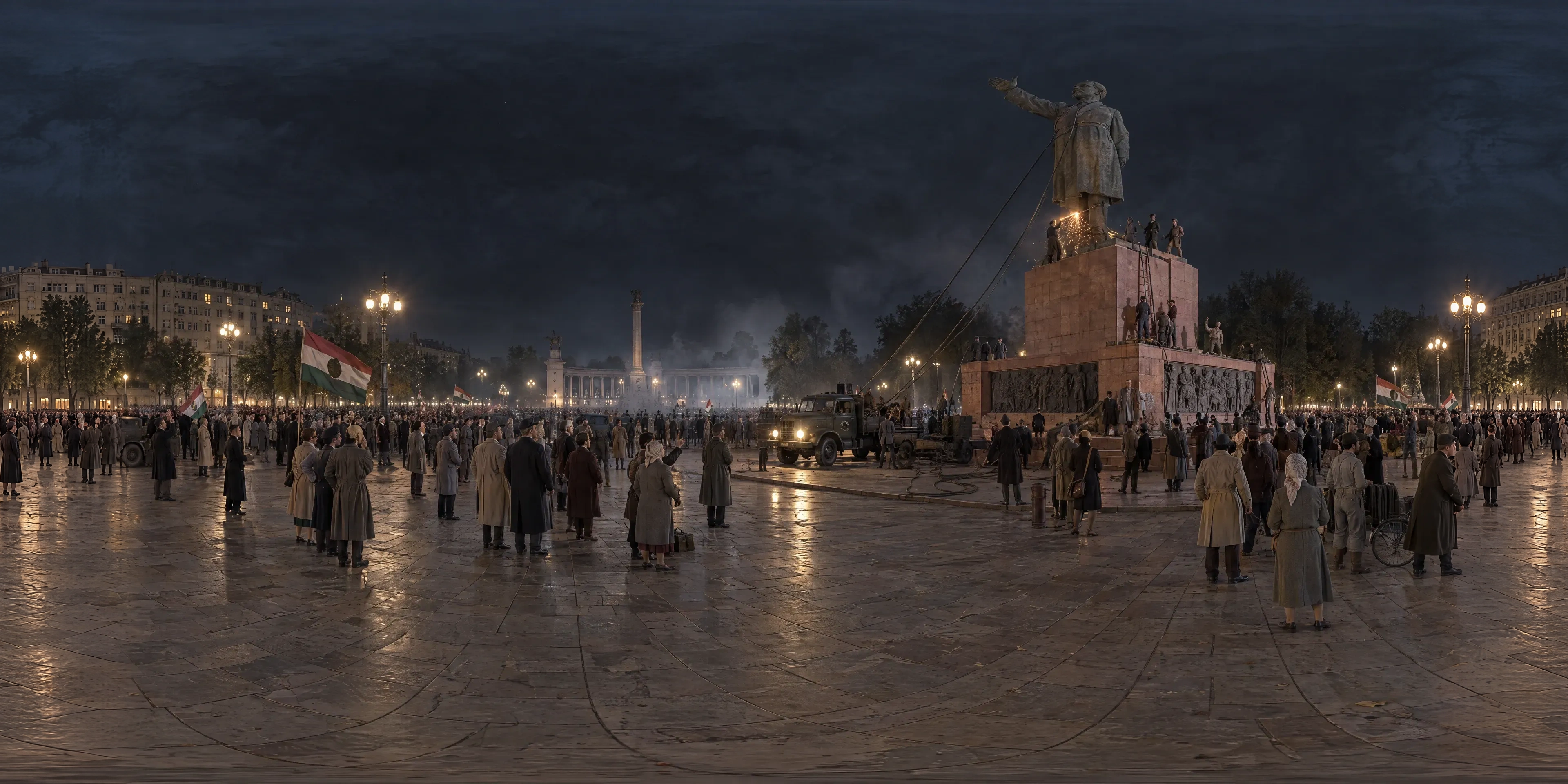 Panoramic scene depicting Stalin Monument, Budapest (1956), Stalin Square (today Ötvenhatosok tere) on Dózsa György út, Budapest.