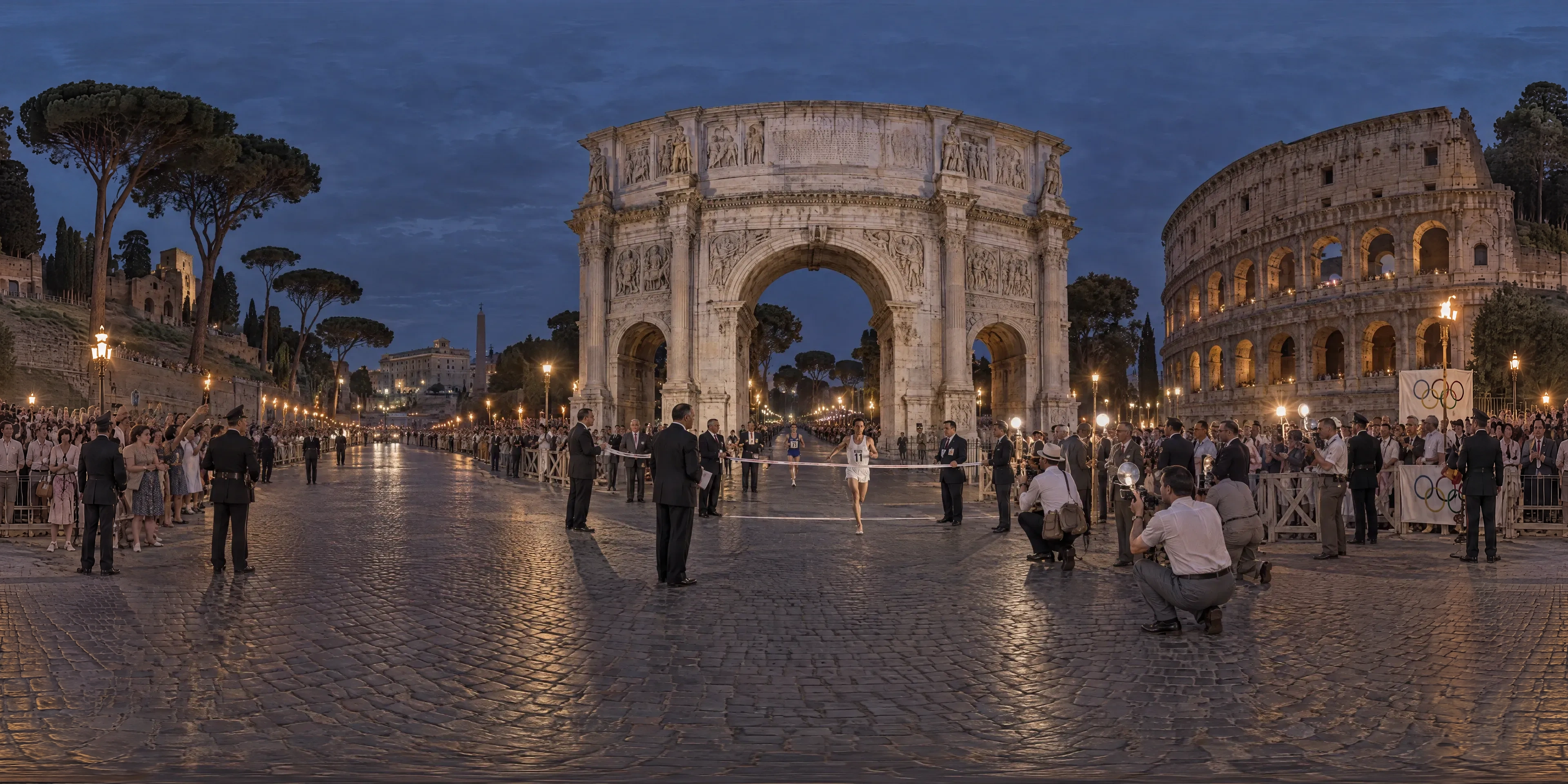 Panoramic scene depicting Arch of Constantine, Rome (1960), Via di San Gregorio at the Arch of Constantine, Rome.
