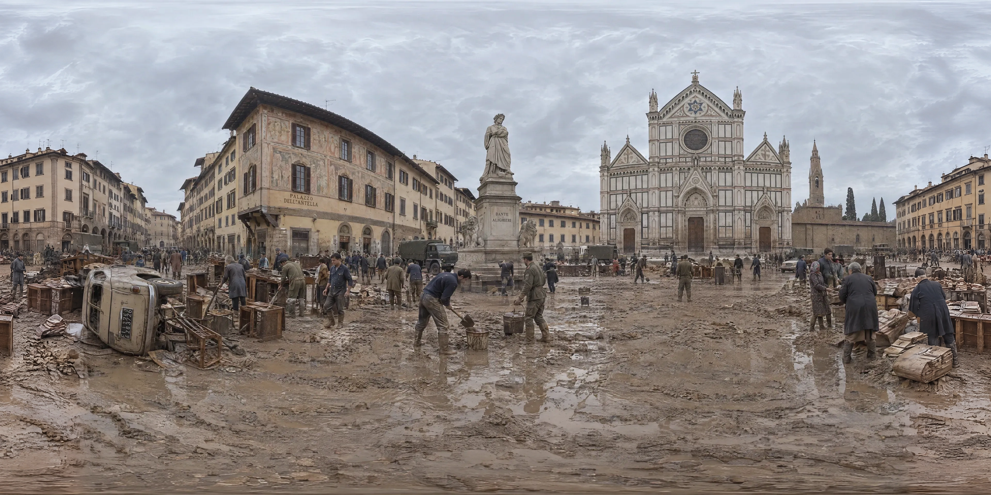 Panoramic scene depicting Piazza Santa Croce, Florence (1966), Piazza Santa Croce, Florence.