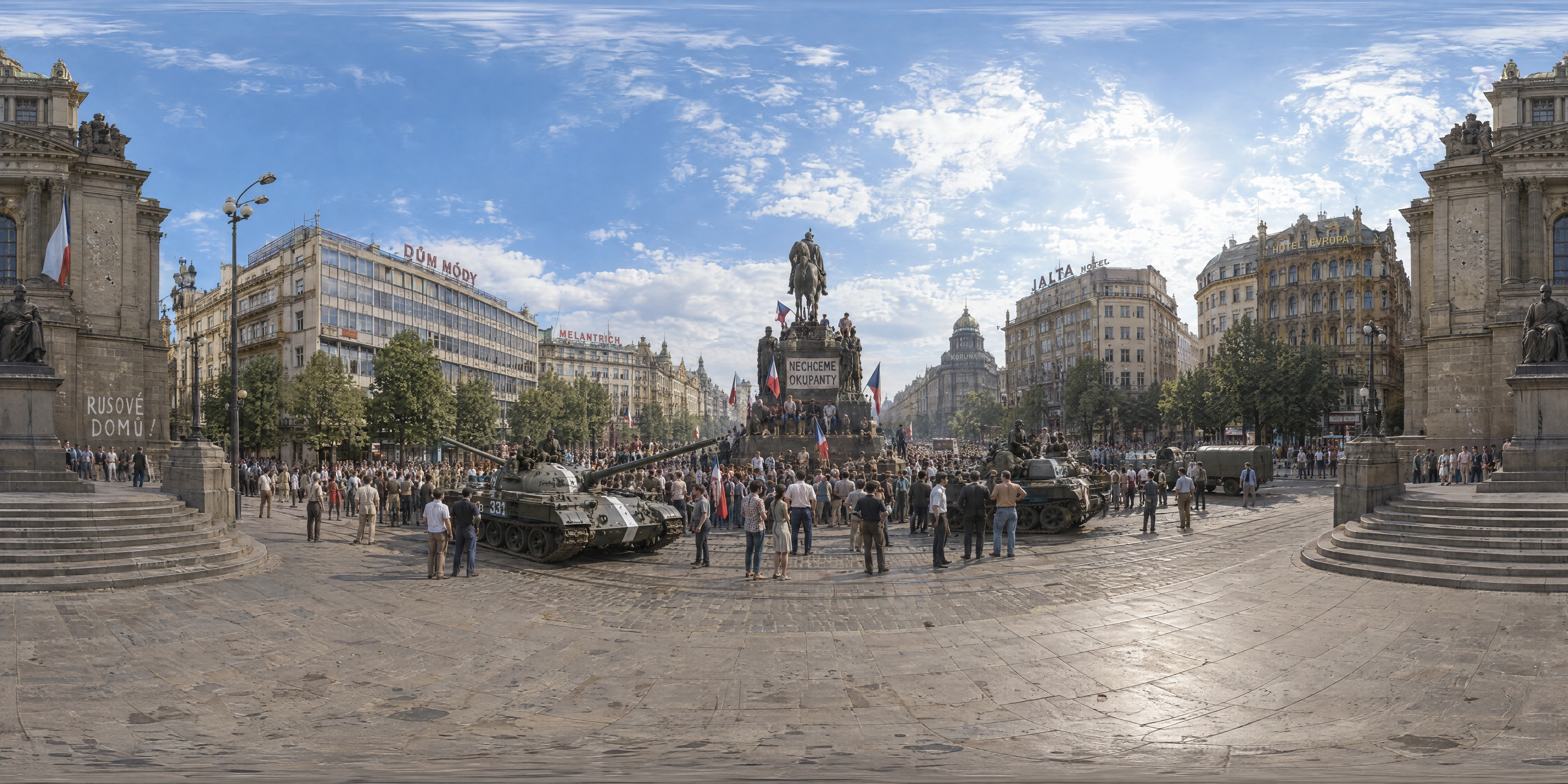 Panoramic scene depicting National Museum, Wenceslas Square, Prague (1968), Ramp of the National Museum at the top of Wenceslas Square, Prague.