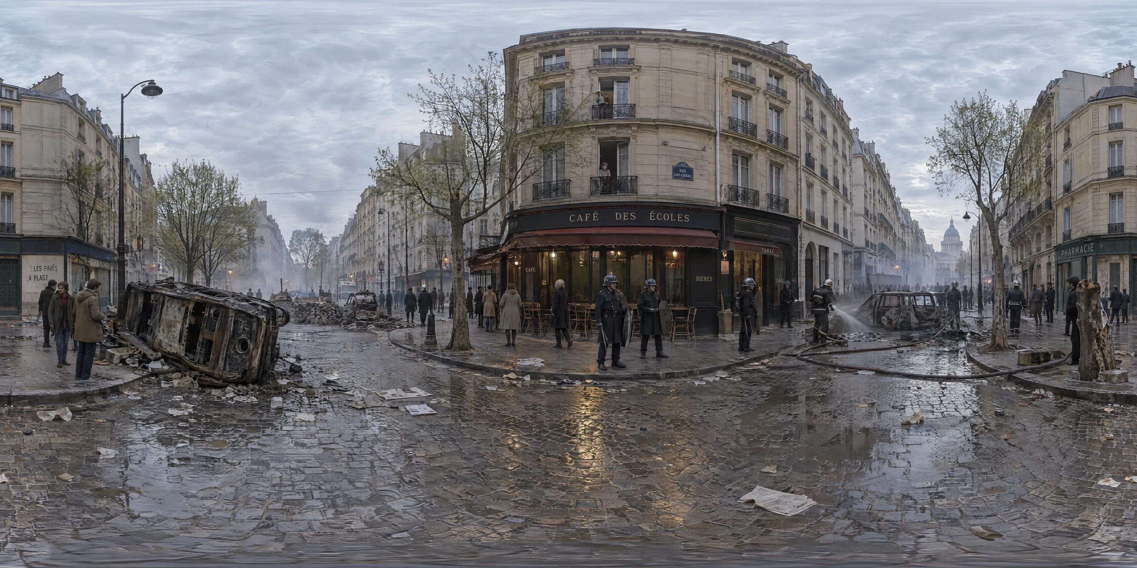 Panoramic scene depicting Rue Gay-Lussac, Paris (1968), Rue Gay-Lussac in the Latin Quarter, between the Luxembourg Gardens and rue Saint-Jacques, 5th arrondissement, Paris.