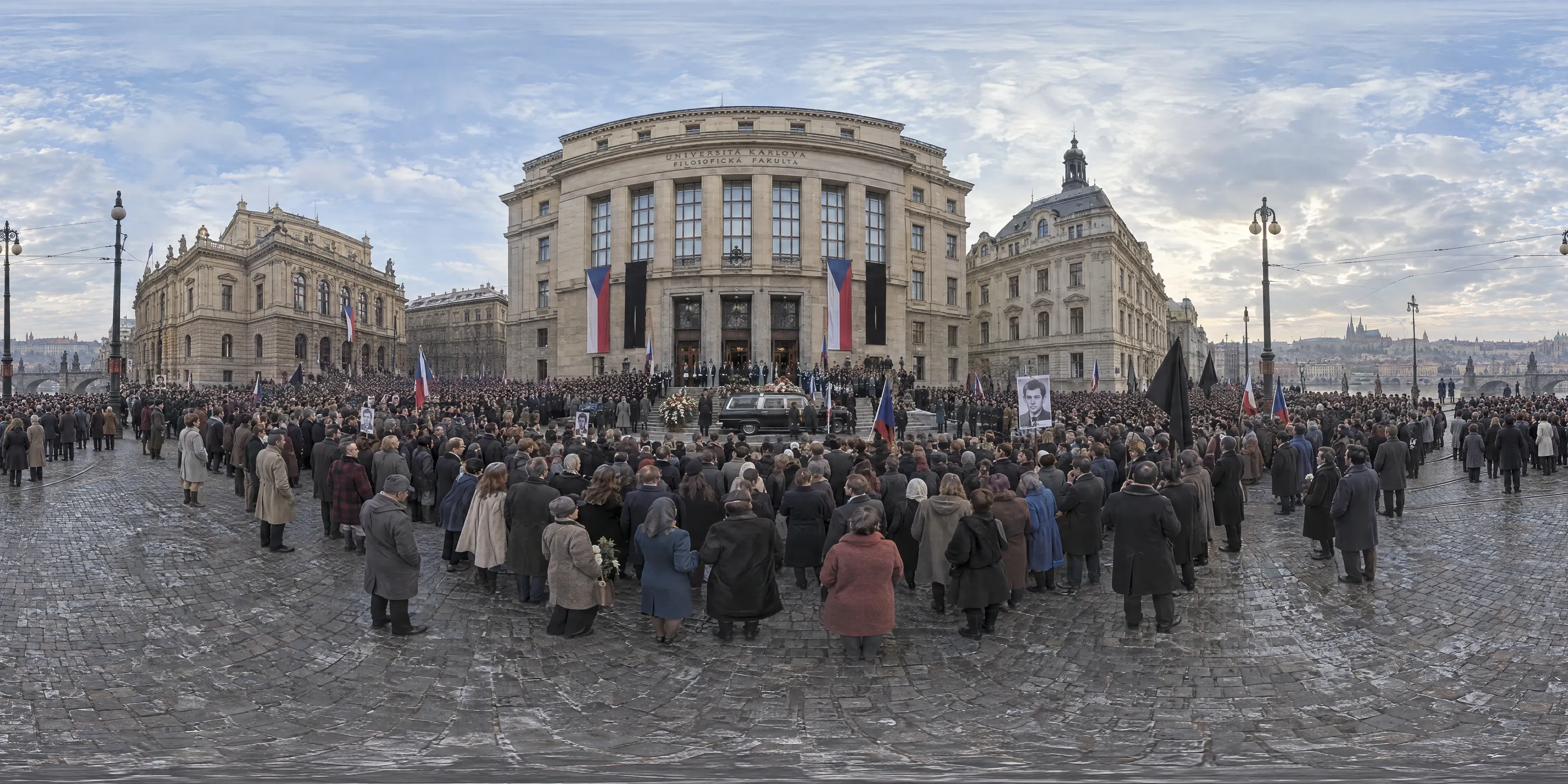 Panoramic scene depicting Jan Palach Square, Prague (1969), Square before the Faculty of Arts at the Mánes Bridge (then náměstí Krasnoarmějců), Prague.