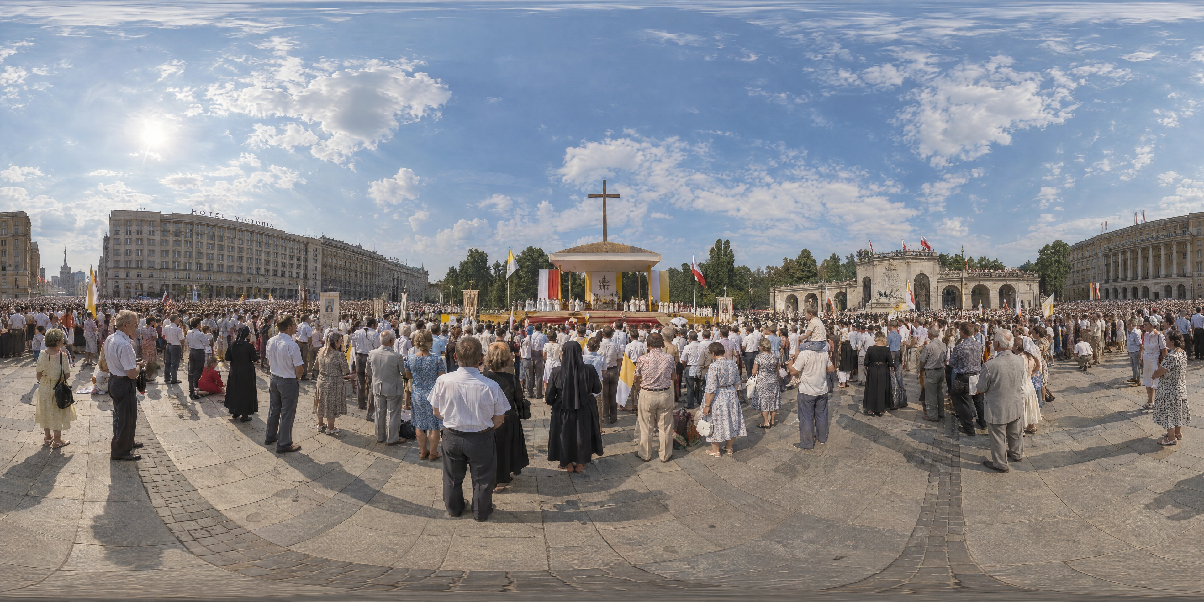 Panoramic scene depicting Victory Square, Warsaw (1979), In the crowd on Victory Square (today Piłsudski Square), facing the papal altar and cross, Warsaw.