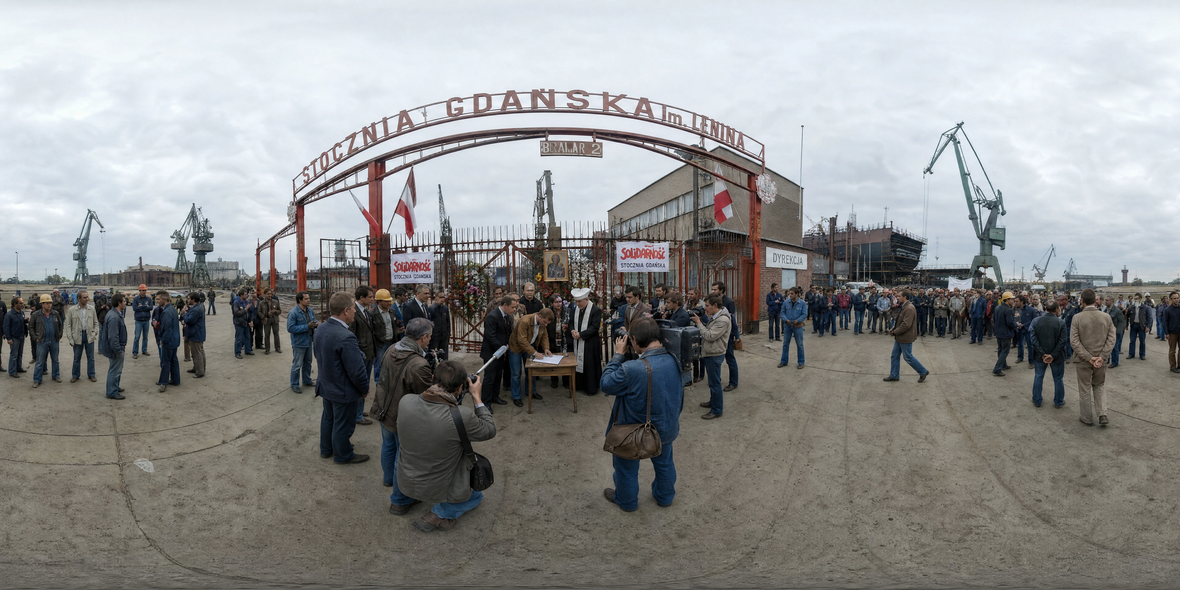 Panoramic scene depicting Lenin Shipyard, Gate No. 2, Gdańsk (1980), Lenin Shipyard, Gate No. 2, Gdańsk.