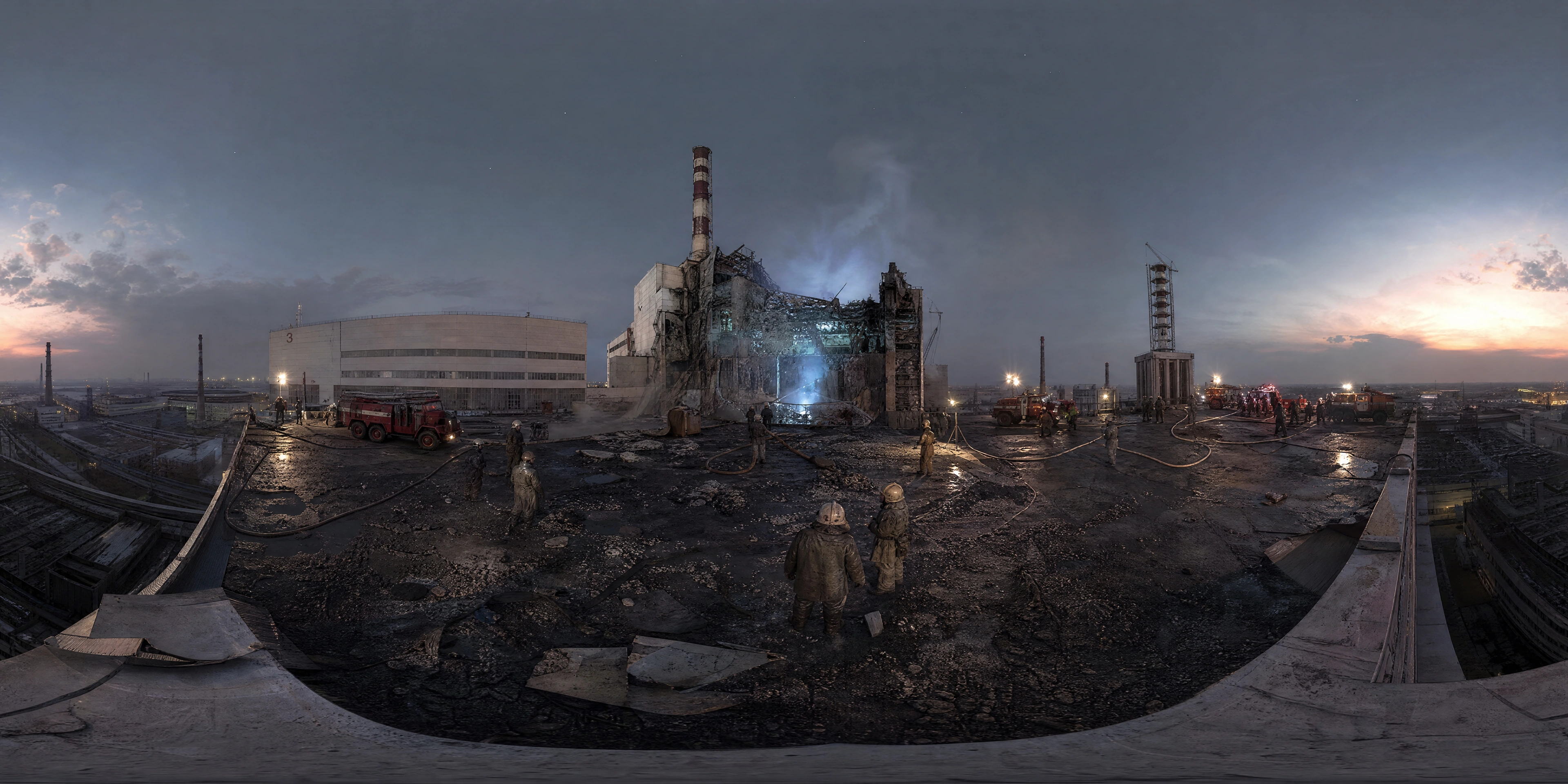Panoramic scene depicting Chernobyl Nuclear Power Plant, Reactor 4 (1986), Chernobyl Nuclear Power Plant, Reactor 4.