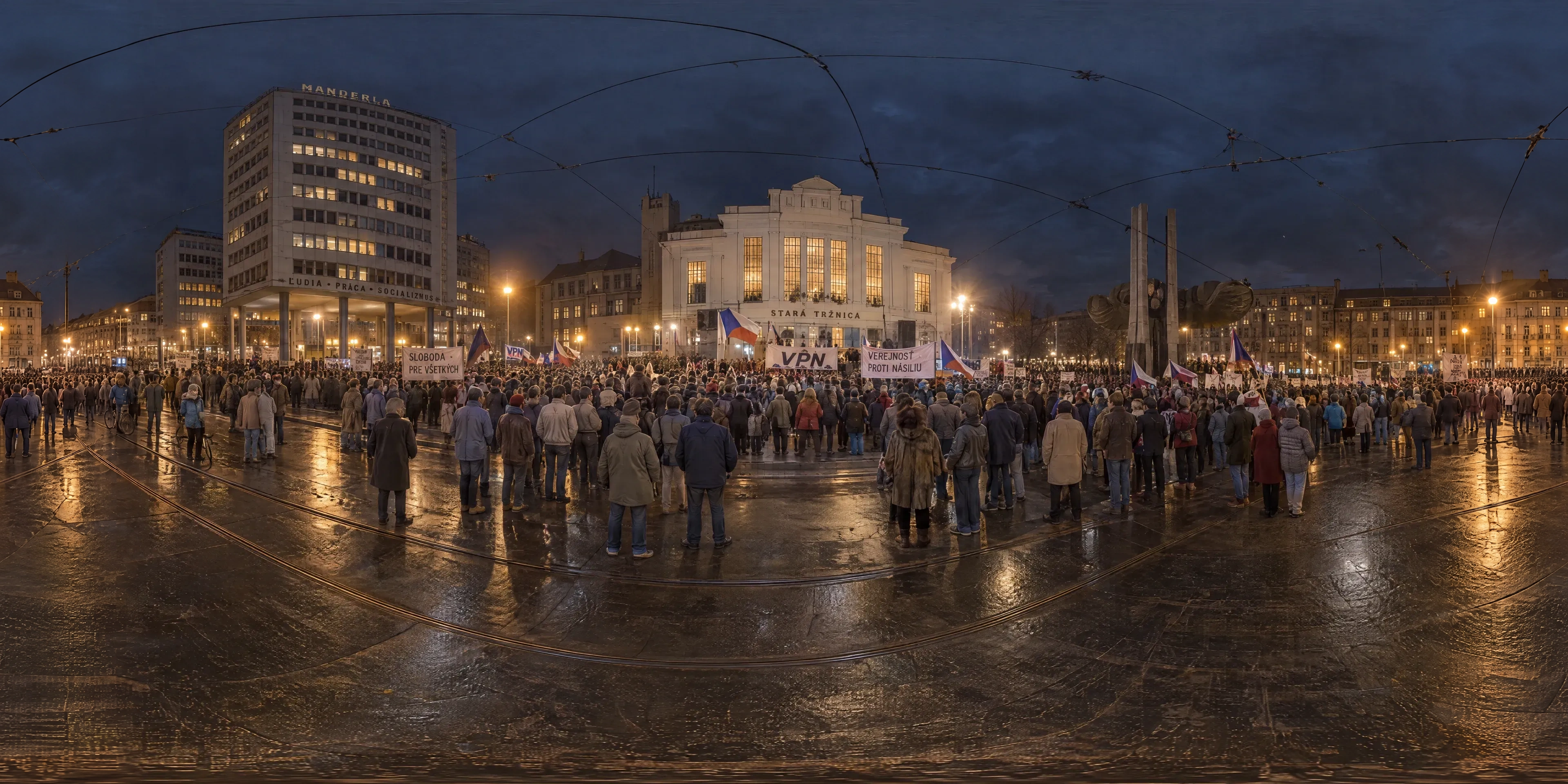 Panoramic scene depicting SNP Square, Bratislava (1989), SNP Square (Námestie SNP), Bratislava.