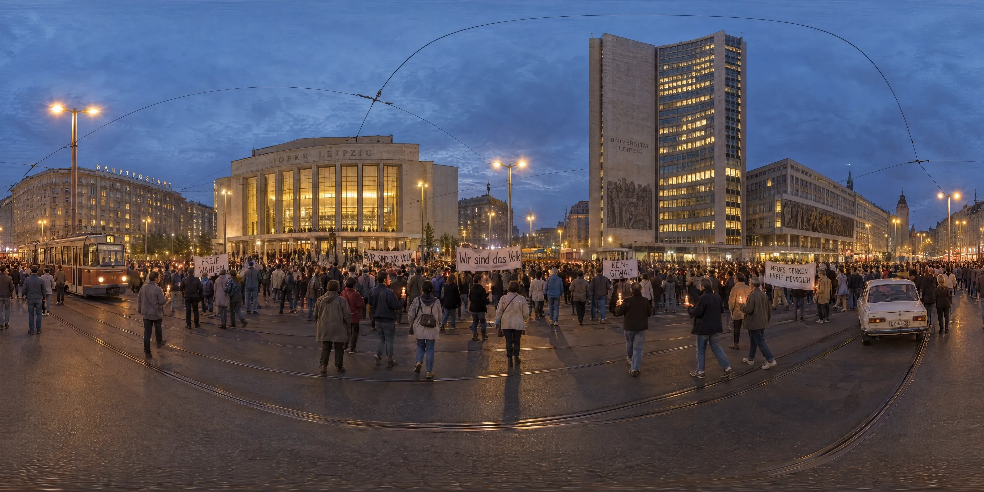 Panoramic scene depicting Karl-Marx-Platz (Augustusplatz), Leipzig (1989), Karl-Marx-Platz (today Augustusplatz) on the inner ring, Leipzig.
