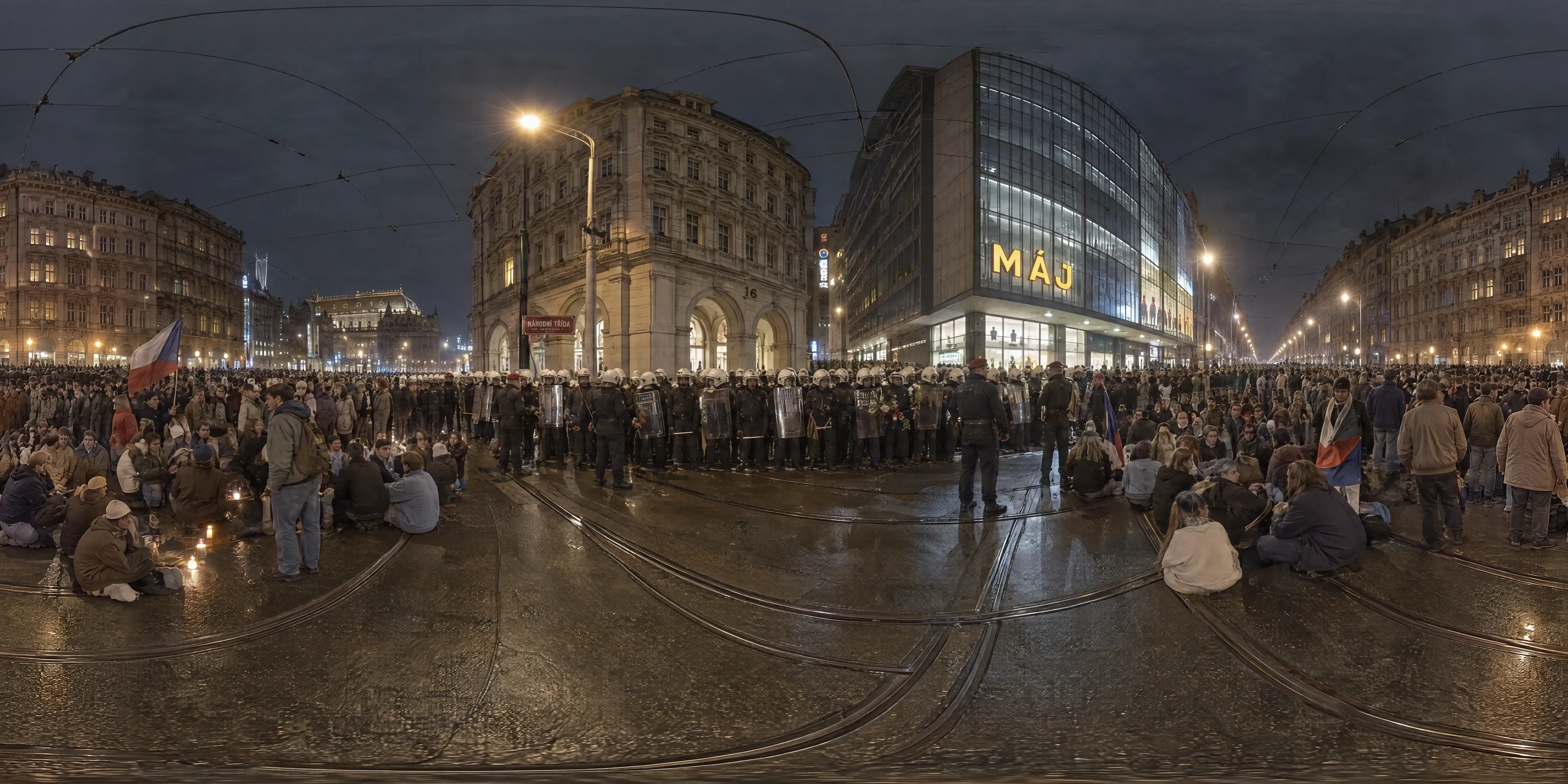 Panoramic scene depicting Národní třída, Prague (1989), Národní třída near the Máj department store, Prague.
