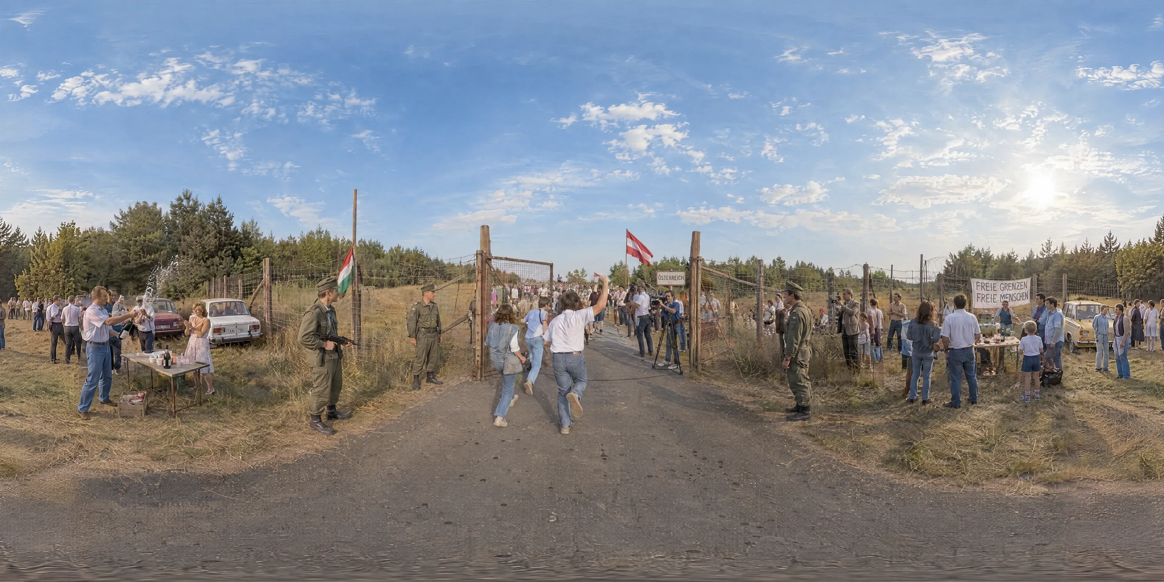 Panoramic scene depicting Border Gate on the Old Pozsony Road, Sopron (1989), Old Pozsony road at the Austrian border between Sopronpuszta and Sankt Margarethen, north of Sopron.