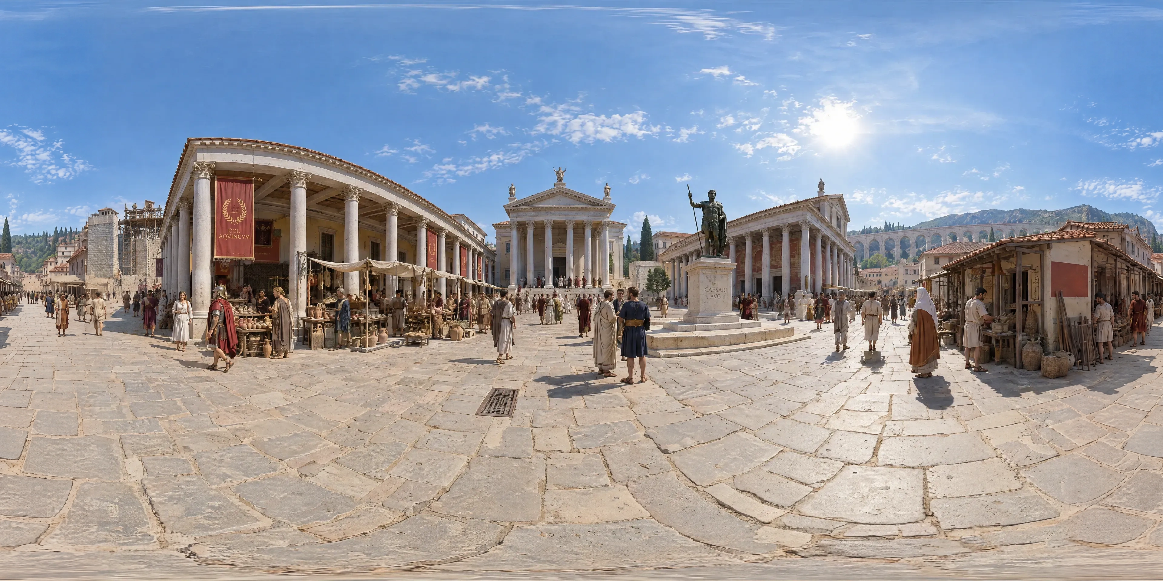 Panoramic scene depicting Roman Civil Town of Aquincum (200s), Main street by the forum of the civil town, Aquincum (Óbuda, Budapest).