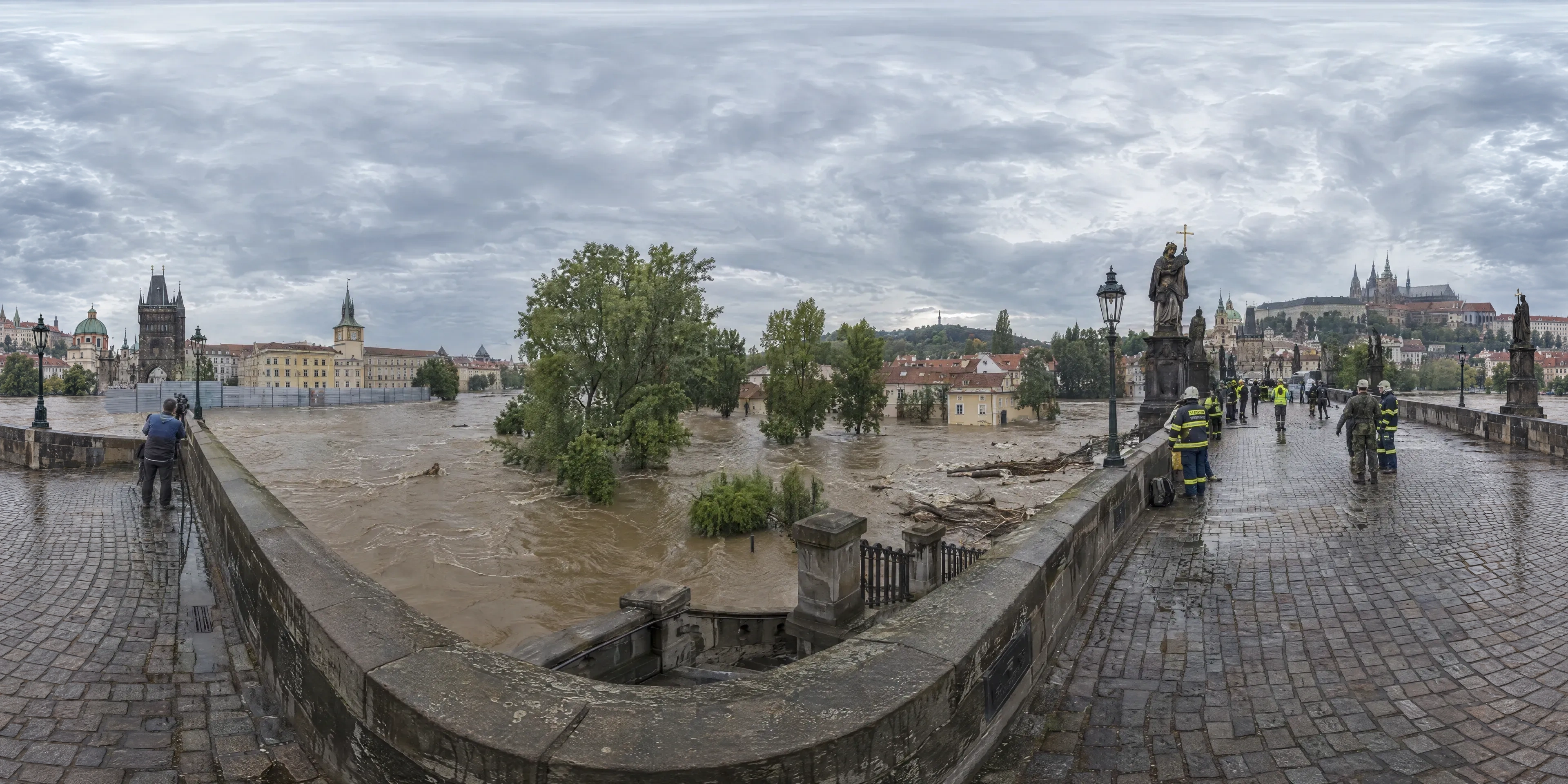 Panoramic scene depicting Kampa from Charles Bridge, Prague (2002), Charles Bridge above the flooded Na Kampě square, Malá Strana, Prague.
