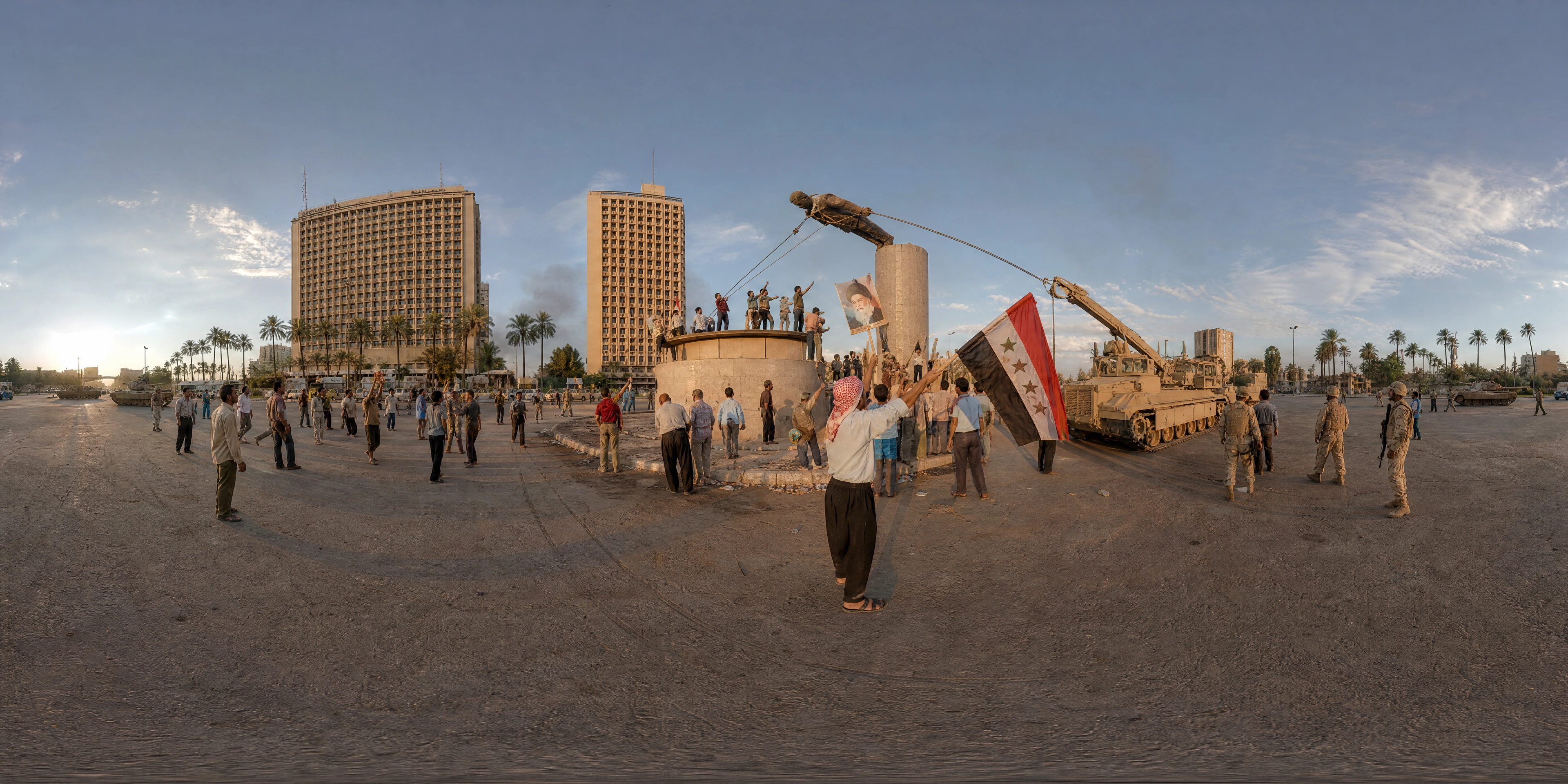 Panoramic scene depicting Firdos Square, Baghdad (2003), Firdos Square, Baghdad.