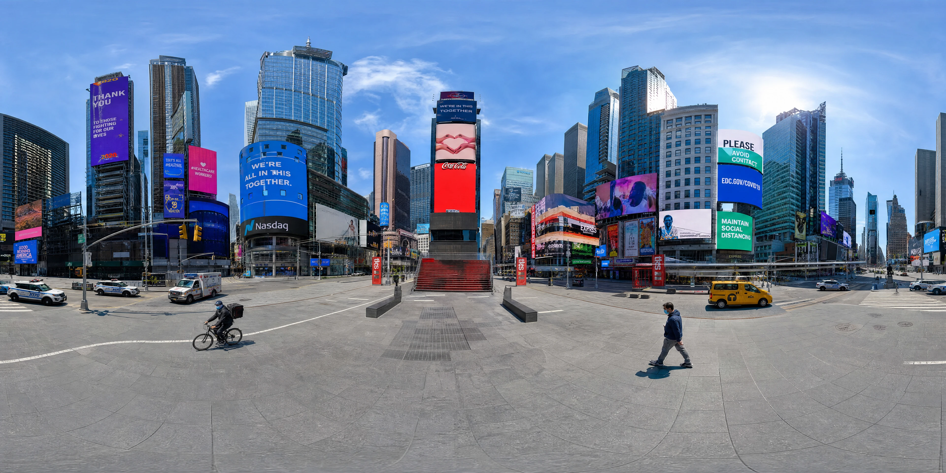 Panoramic scene depicting Times Square, New York (2020), Times Square, New York.