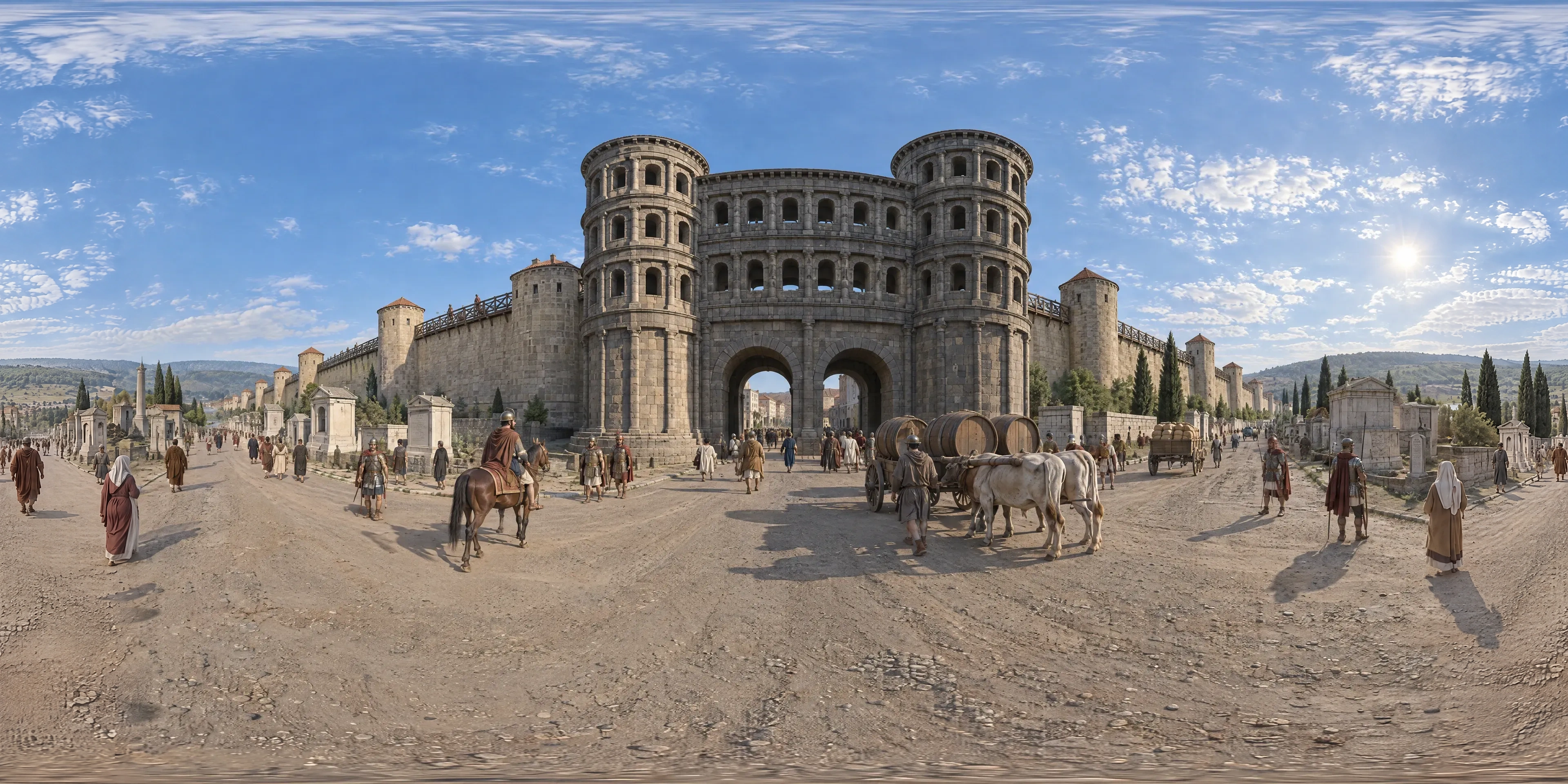 Panoramic scene depicting Porta Nigra, Trier (310s), Road outside the north gate (Porta Nigra) of Roman Trier, Augusta Treverorum.
