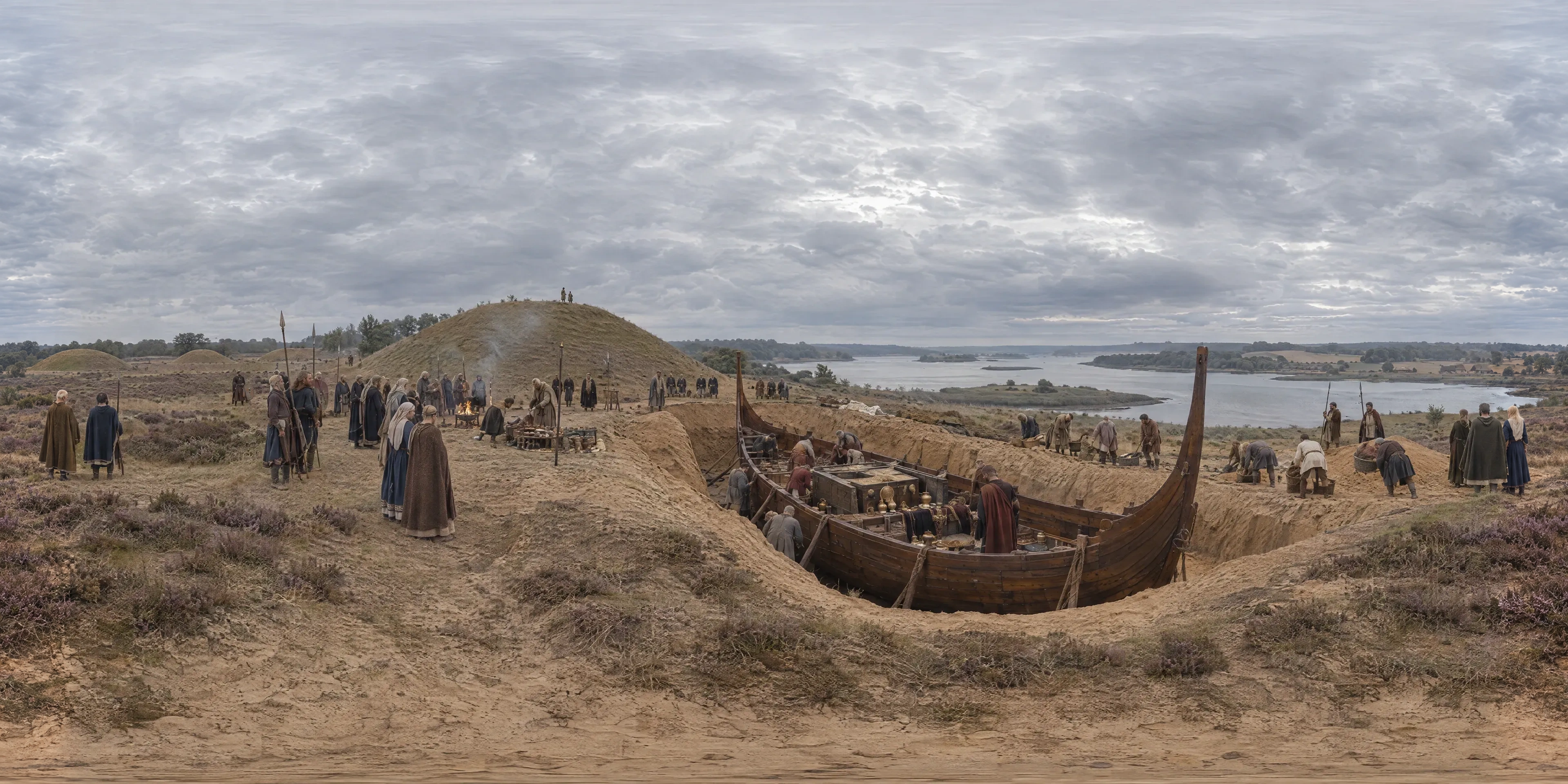 Panoramic scene depicting Sutton Hoo, Suffolk (620s), Royal burial ground on the heath at Sutton Hoo, above the River Deben opposite Woodbridge, Suffolk.