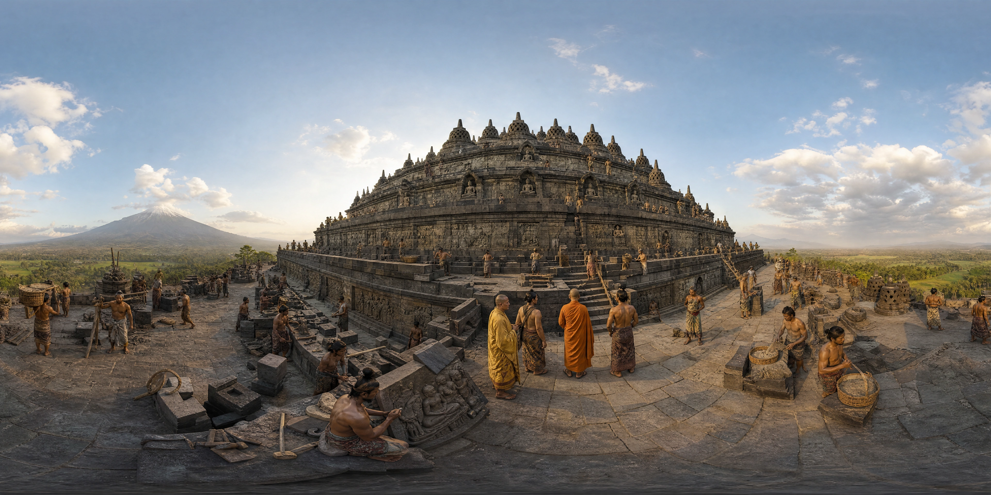 Panoramic scene depicting Borobudur, Central Java (770s), Borobudur, Central Java.