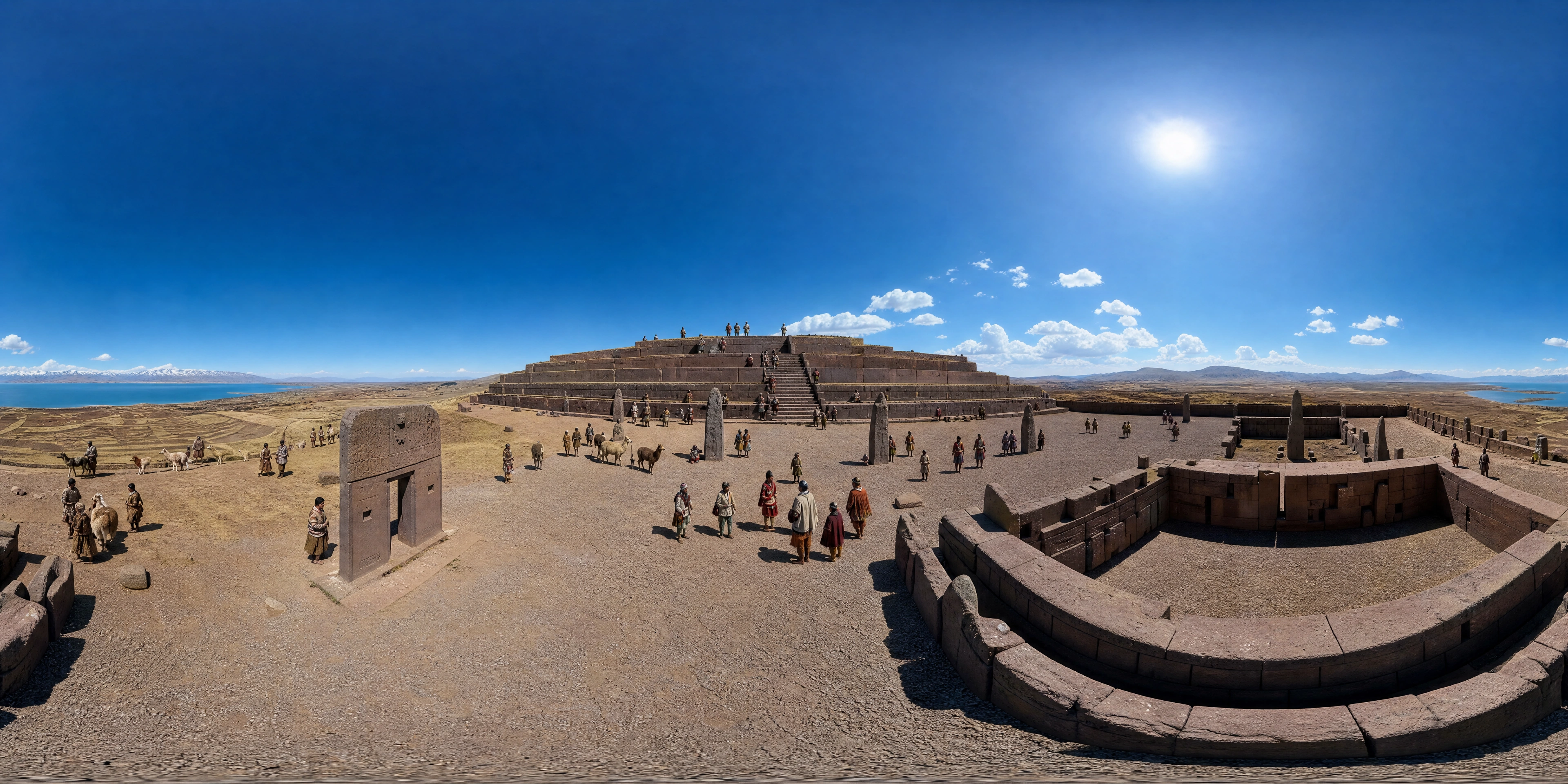 Panoramic scene depicting Tiwanaku, Lake Titicaca (8th century AD), Tiwanaku, near Lake Titicaca.