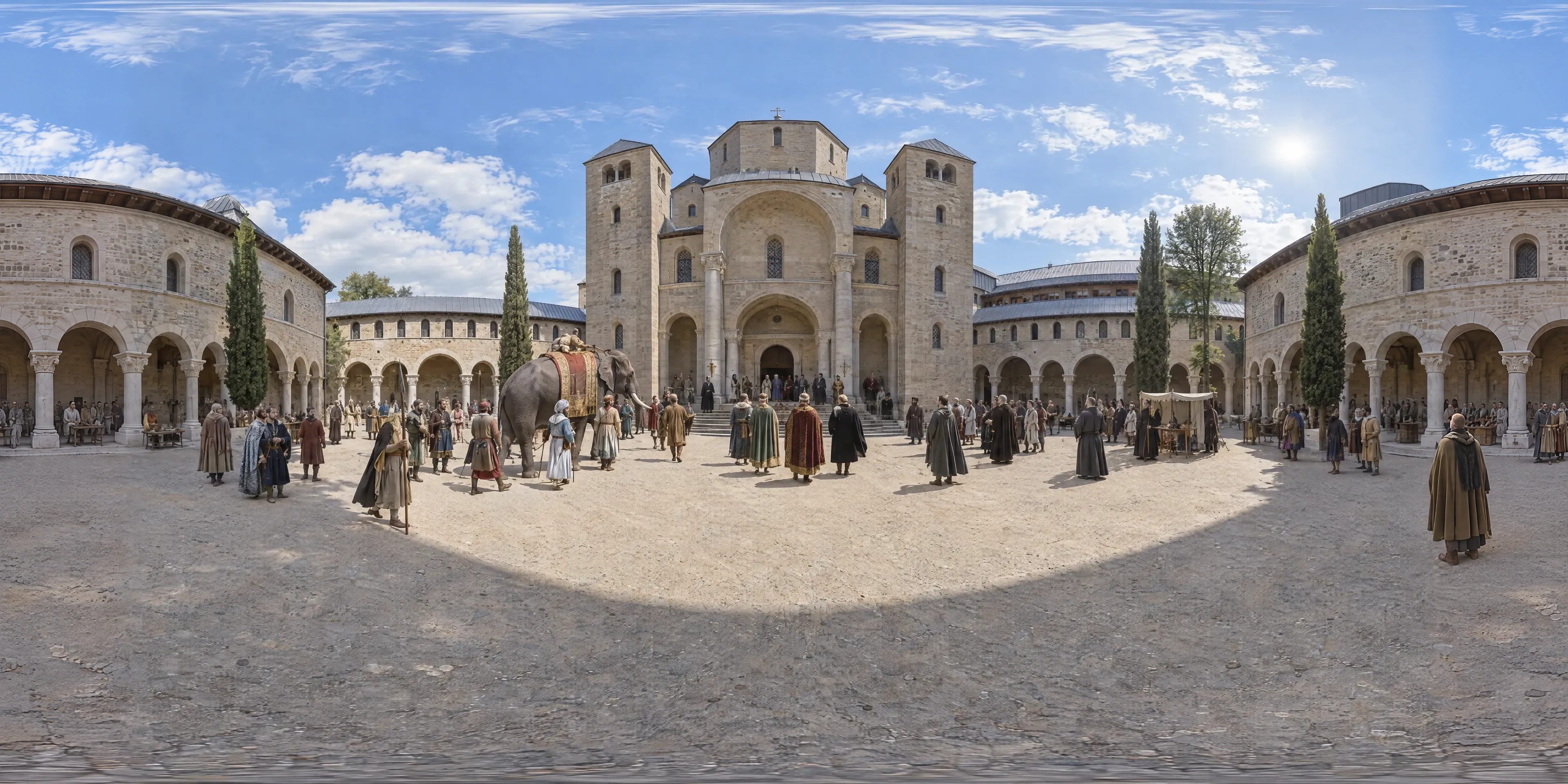 Panoramic scene depicting Palatine Chapel of Charlemagne, Aachen (802), Atrium in front of the westwork of the Palatine Chapel, Charlemagne's palace, Aachen.