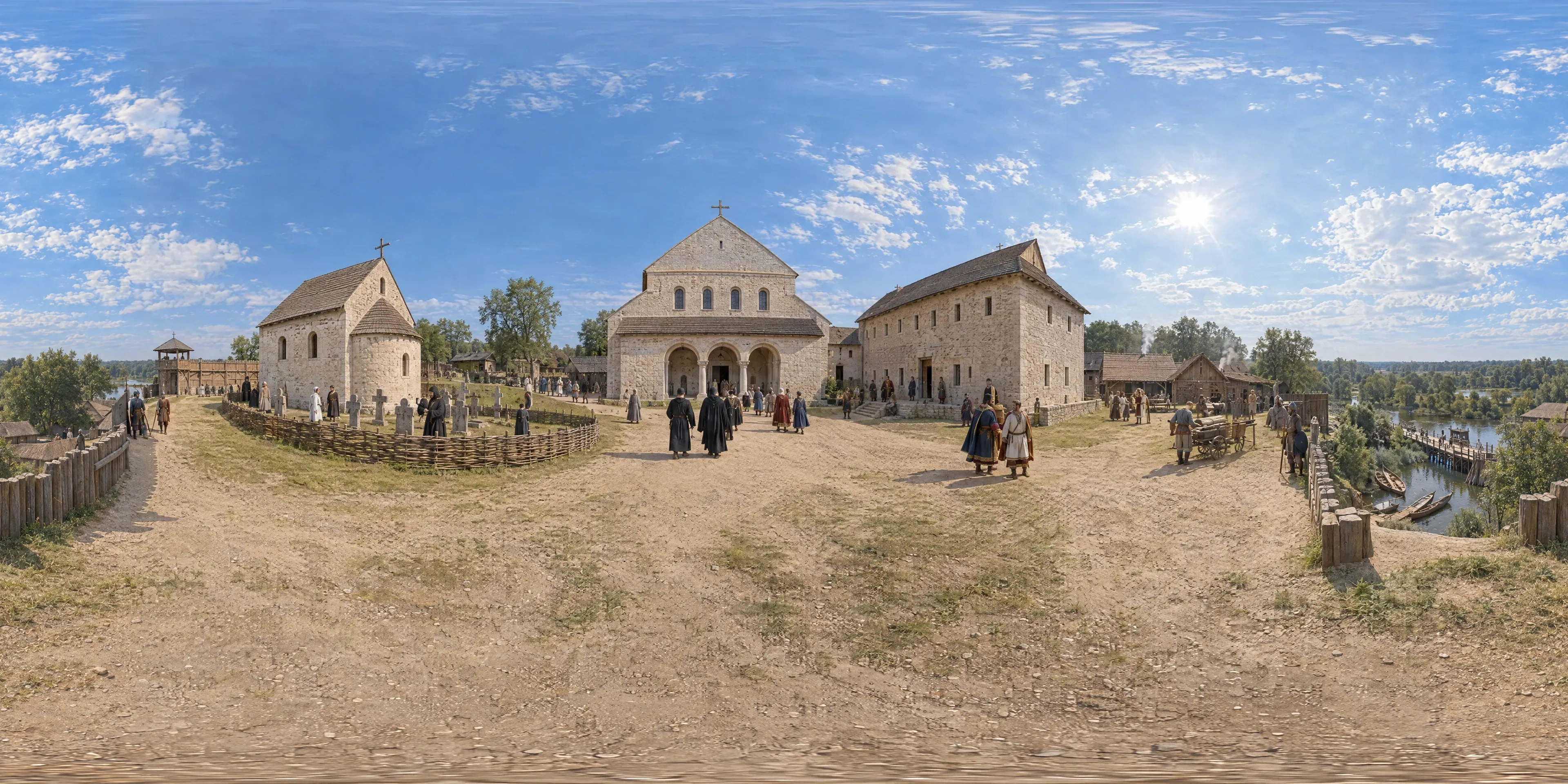 Panoramic scene depicting Mikulčice-Valy, Great Moravia (863), Acropolis of the Mikulčice-Valy stronghold, Morava floodplain, South Moravia.