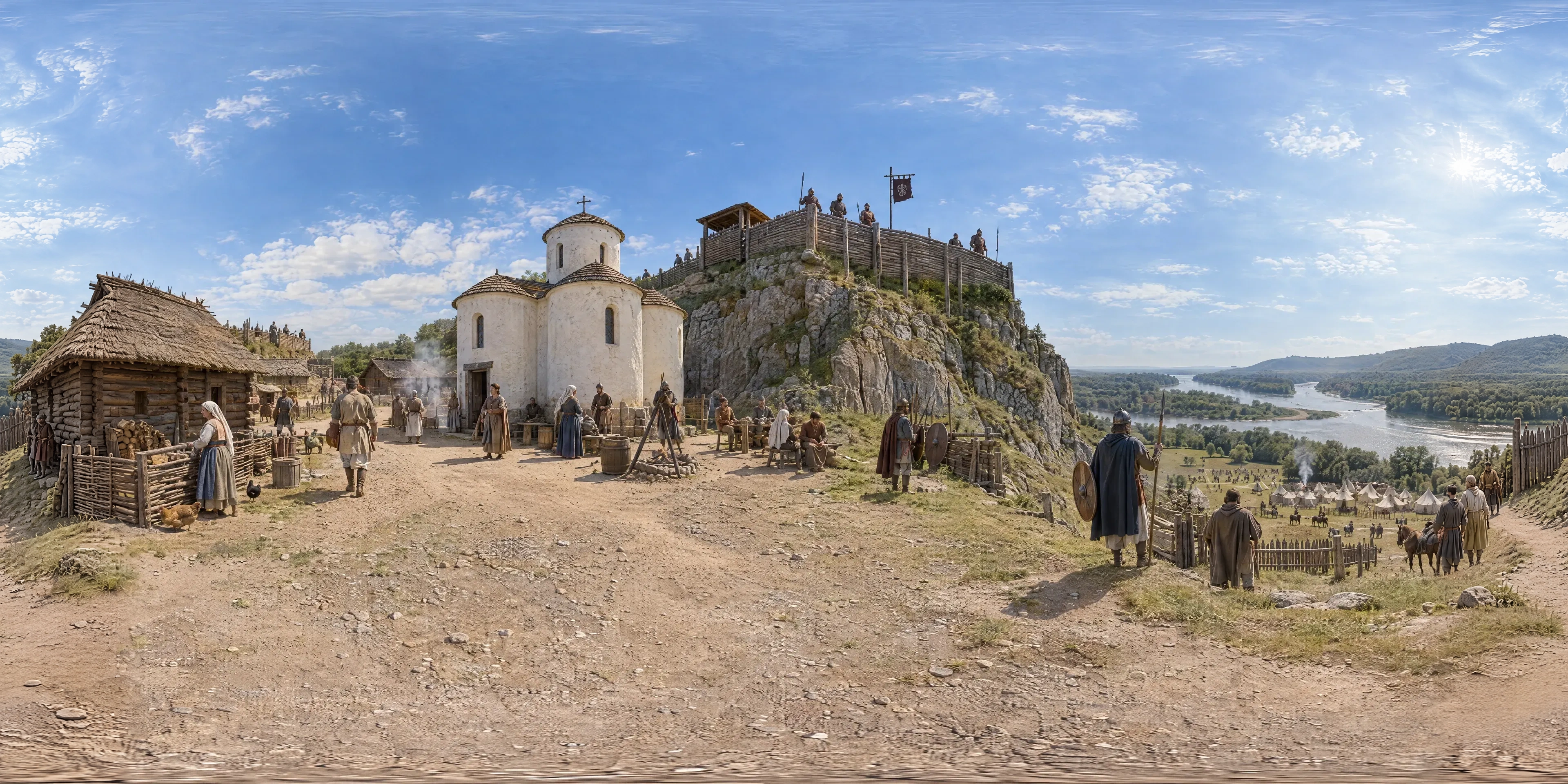 Panoramic scene depicting Devín (Dowina), Great Moravian Stronghold (864), Devín castle rock above the Danube and Morava confluence, Bratislava.