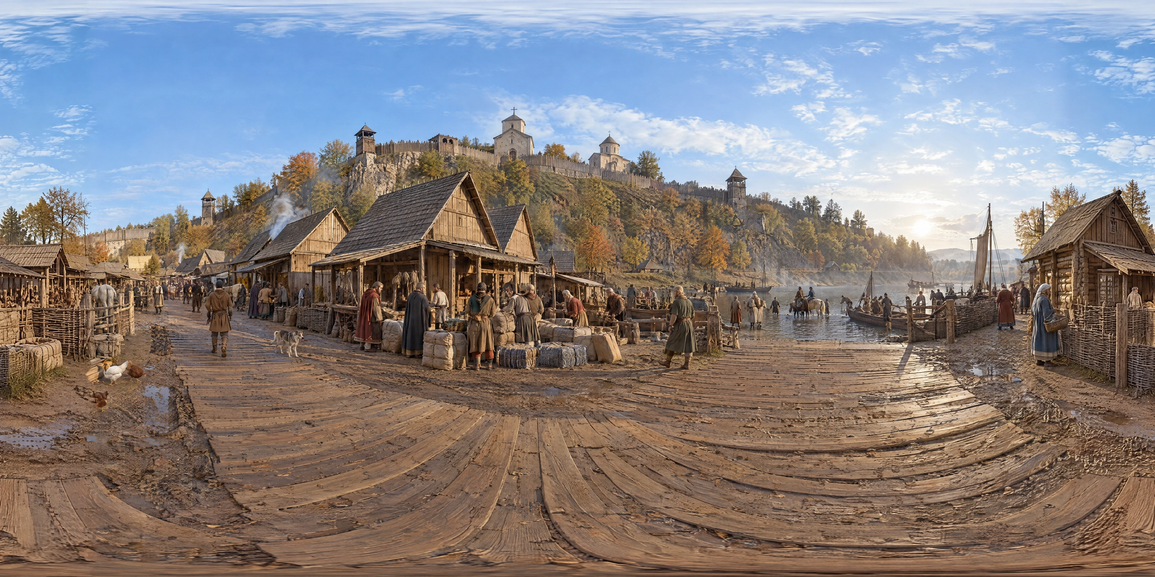 Panoramic scene depicting Malá Strana below Prague Castle (960s), Timber road of the trading settlement on today's Mostecká street, Malá Strana, Prague.