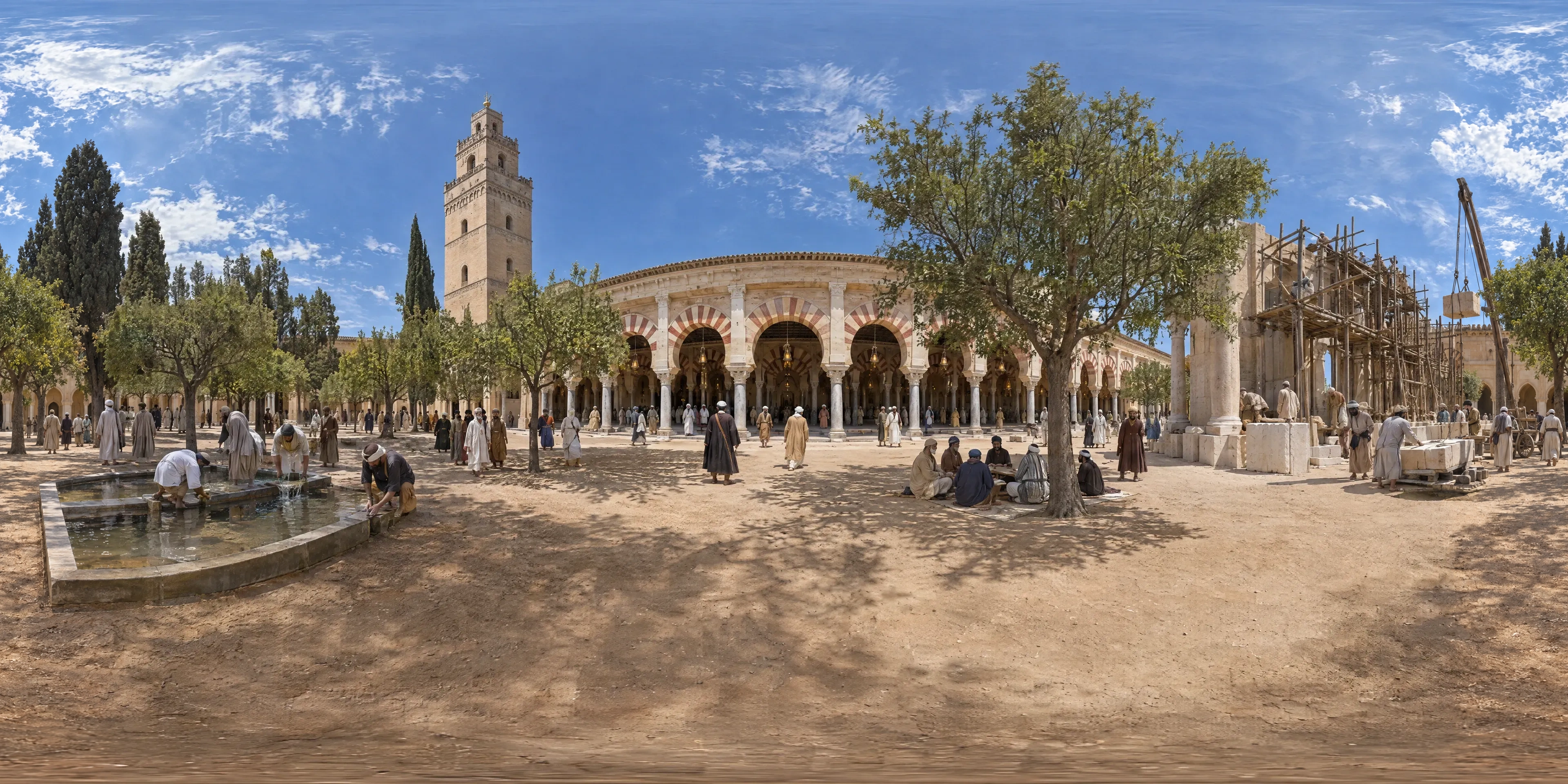 Panoramic scene depicting Great Mosque of Córdoba (987), Courtyard of the Great Mosque below the minaret of Abd al-Rahman III, Córdoba.